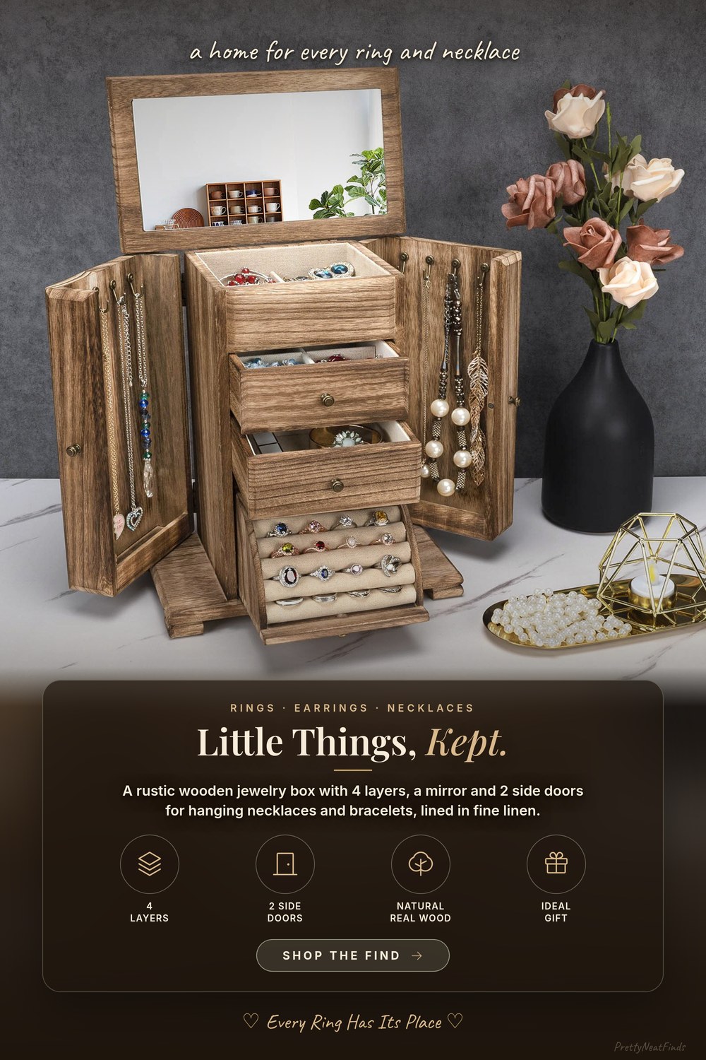 Emfogo Rustic Wooden Jewelry Box with Mirror, 4 Layers, Rustic Brown