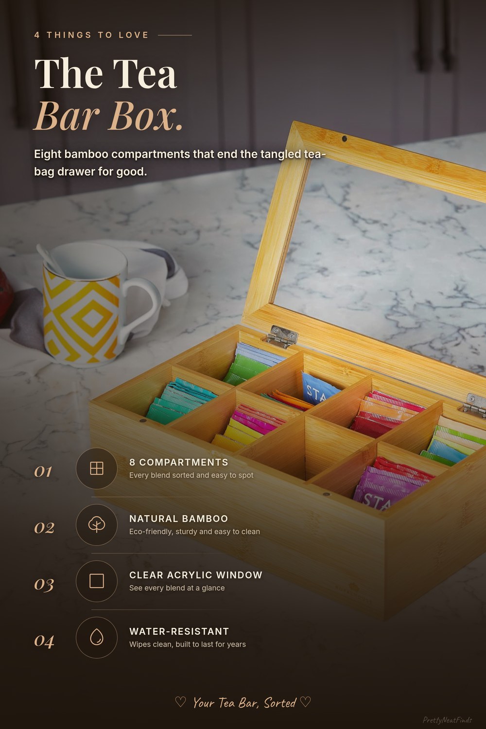 RoyalHouse Bamboo Tea Storage Organizer, 8 Compartments, Acrylic Top