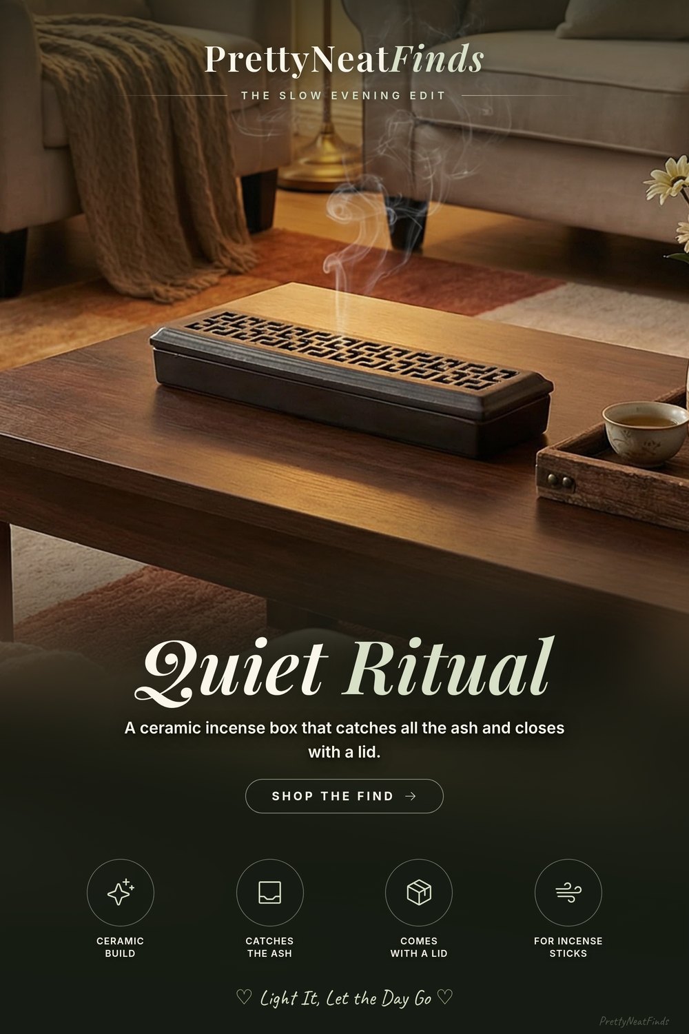 CEREMONY Ceramic Incense Holder with Lid, Ash Catcher, Lever Brown