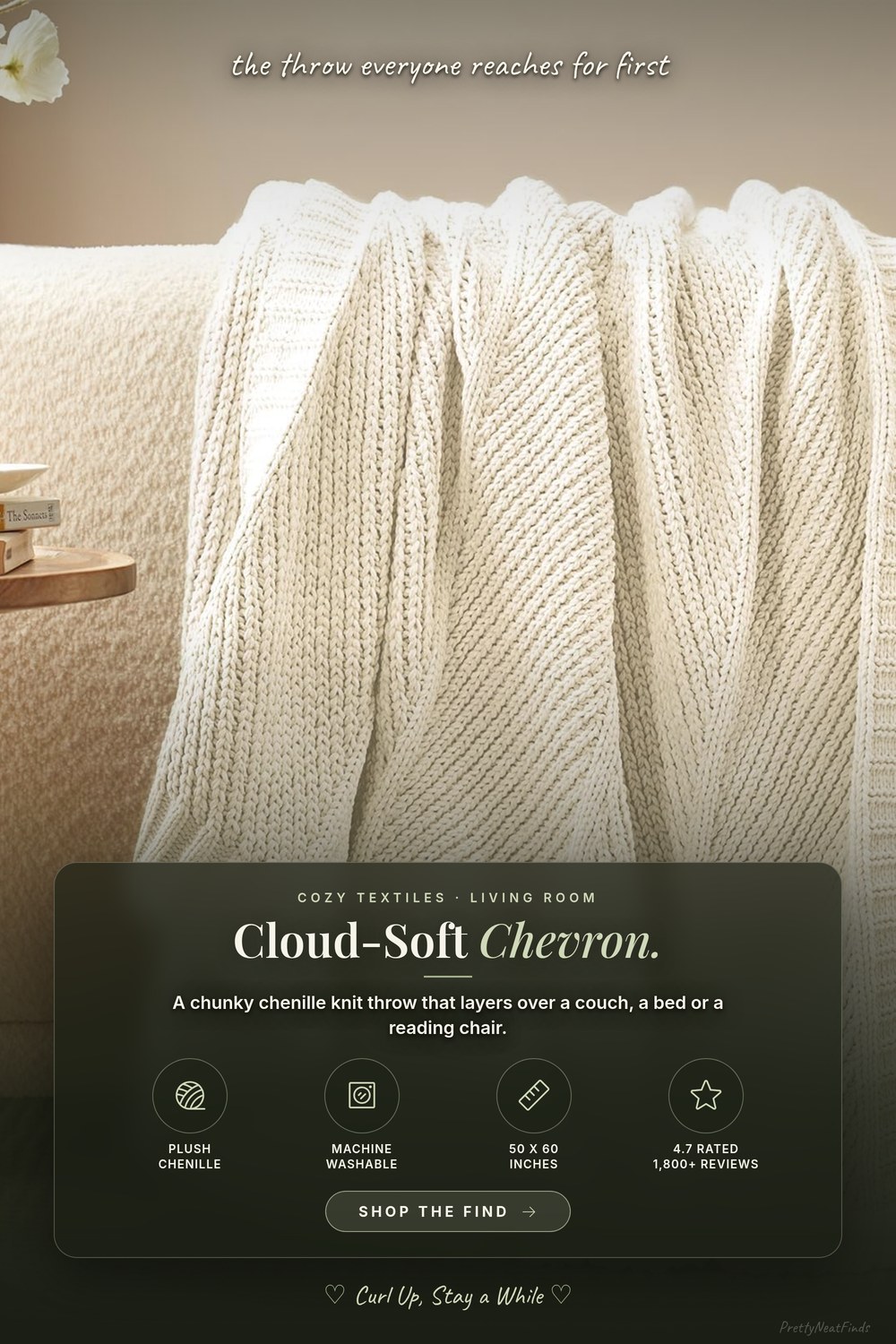 Amelie Home Chevron Chunky Knit Chenille Throw, Ivory, 50 x 60 in