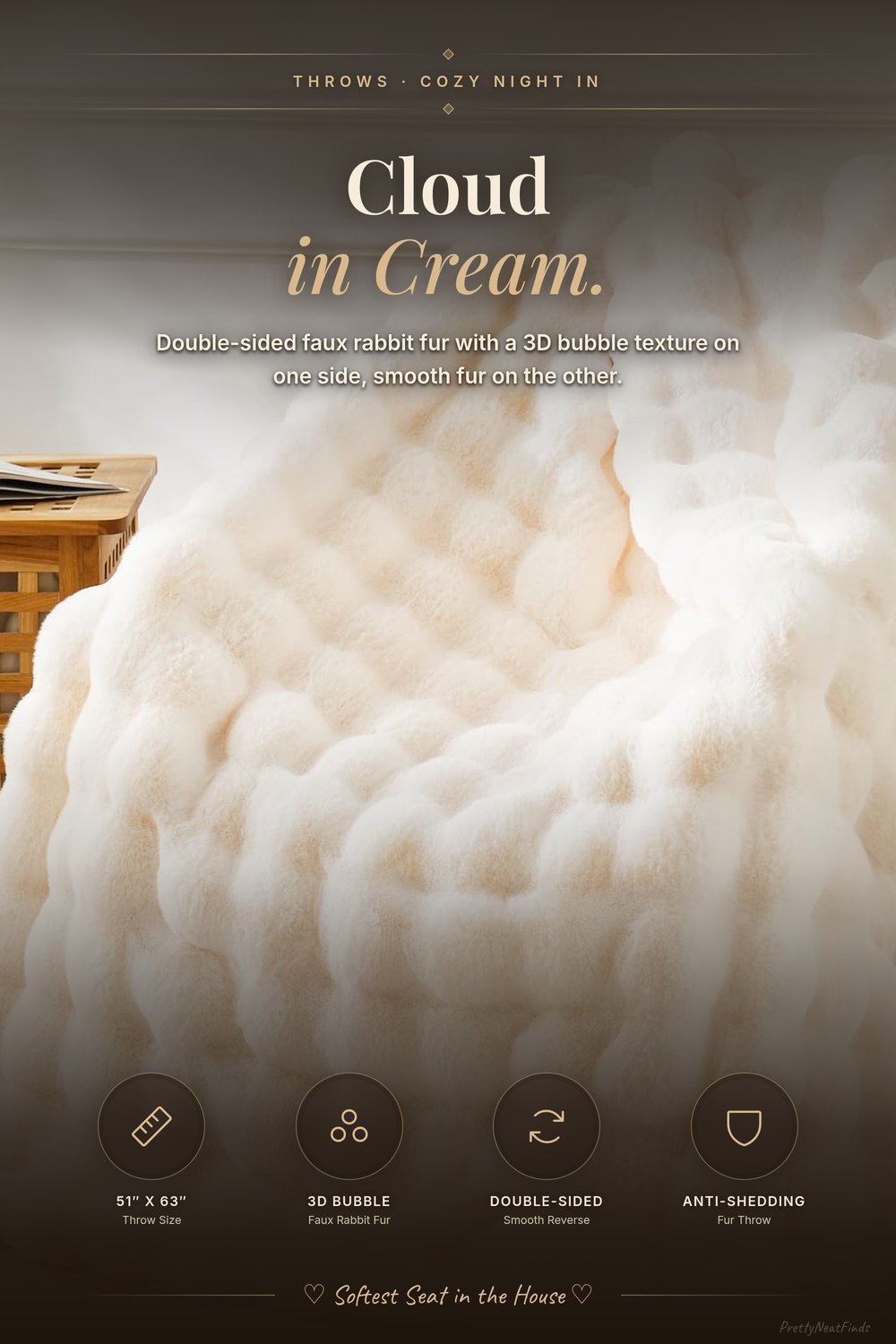 BENVWE Faux Fur Throw Blanket, Cream White, 51 x 63 Inches, Double-Sided