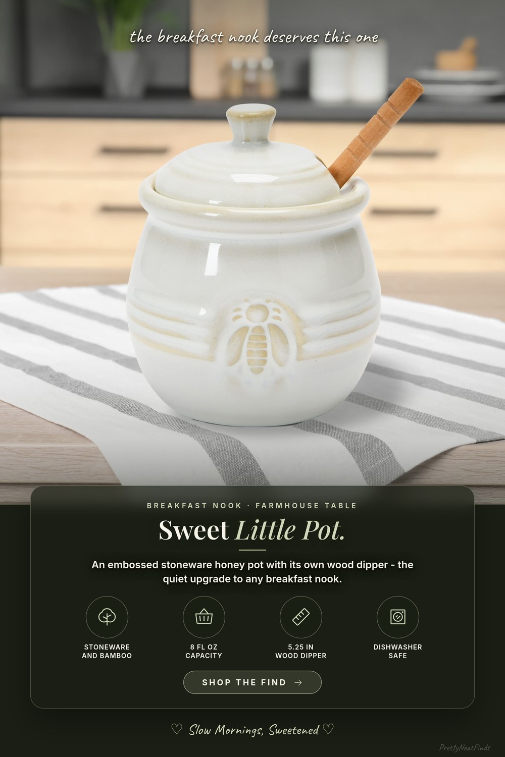 Creative Co-Op Farmhouse Embossed Stoneware Honey Pot with Wood Dipper, White