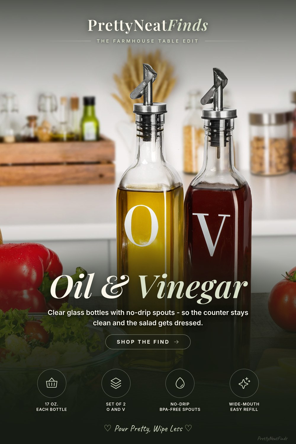 GREENOLIVE Olive Oil and Vinegar Dispenser Set, 17 oz Glass Bottles, Set of 2