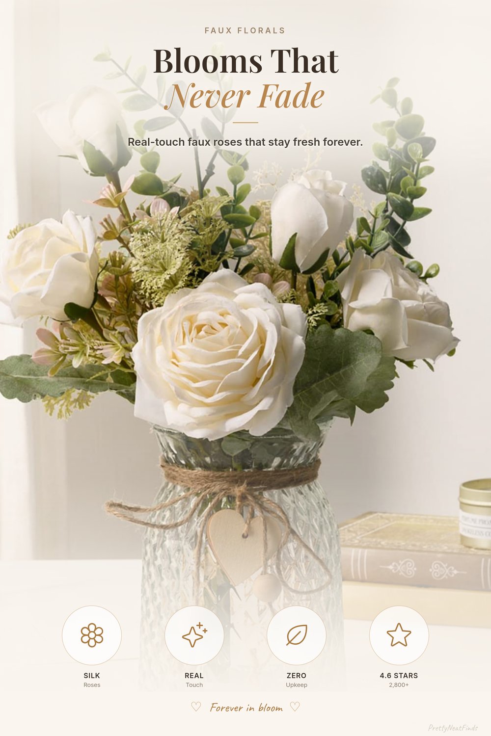 YJ Real-Touch White Roses Faux Flowers in a Glass Vase