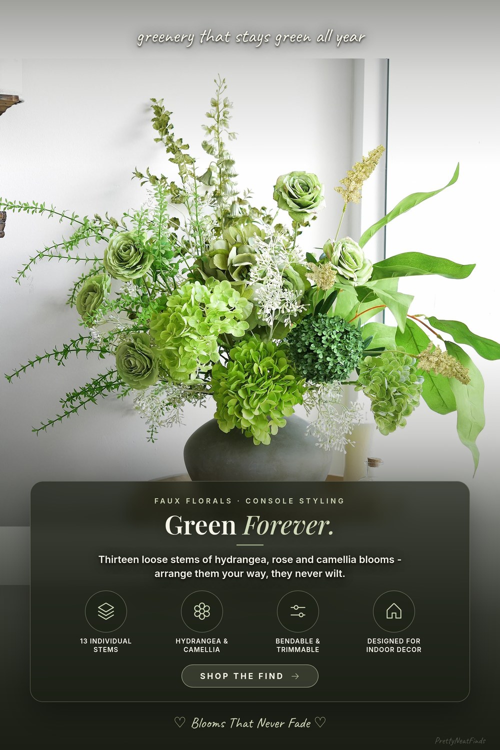 FiveSeasonStuff Green Artificial Bouquet, Hydrangea, Rose and Camellia Blooms