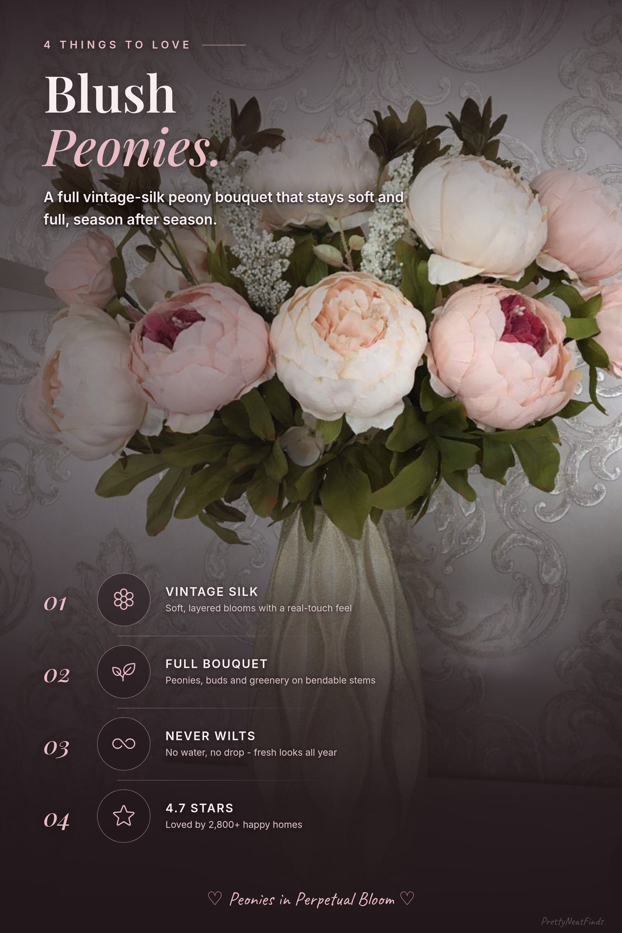Flojery Silk Peony Bouquet, Vintage Artificial Peonies (Light Pink)