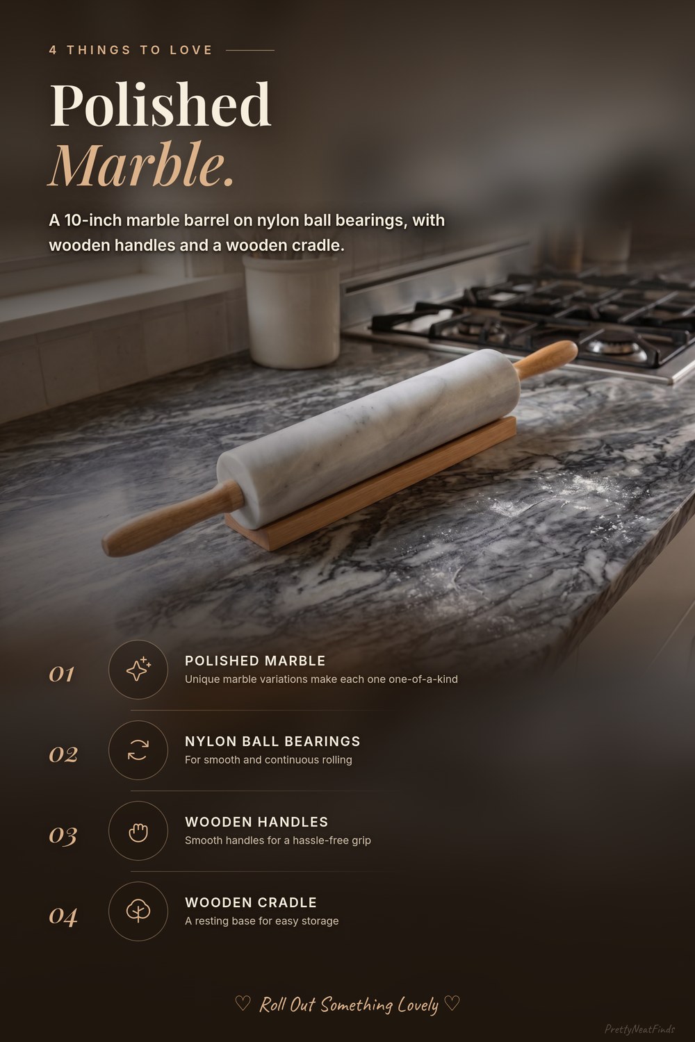 Fox Run Polished Marble Rolling Pin with Wooden Cradle, 10-Inch Barrel, White