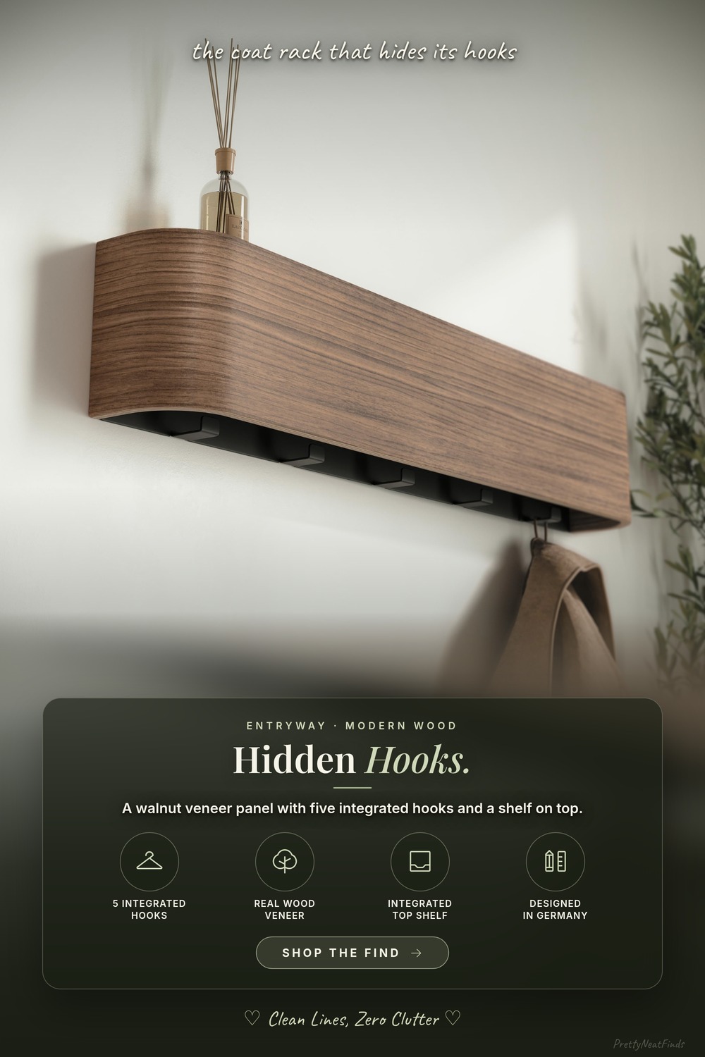 Kazai. Wall-Mounted Coat Rack 'Toke' - Solid Wood Veneer Panel Coat Hanger - Walnut