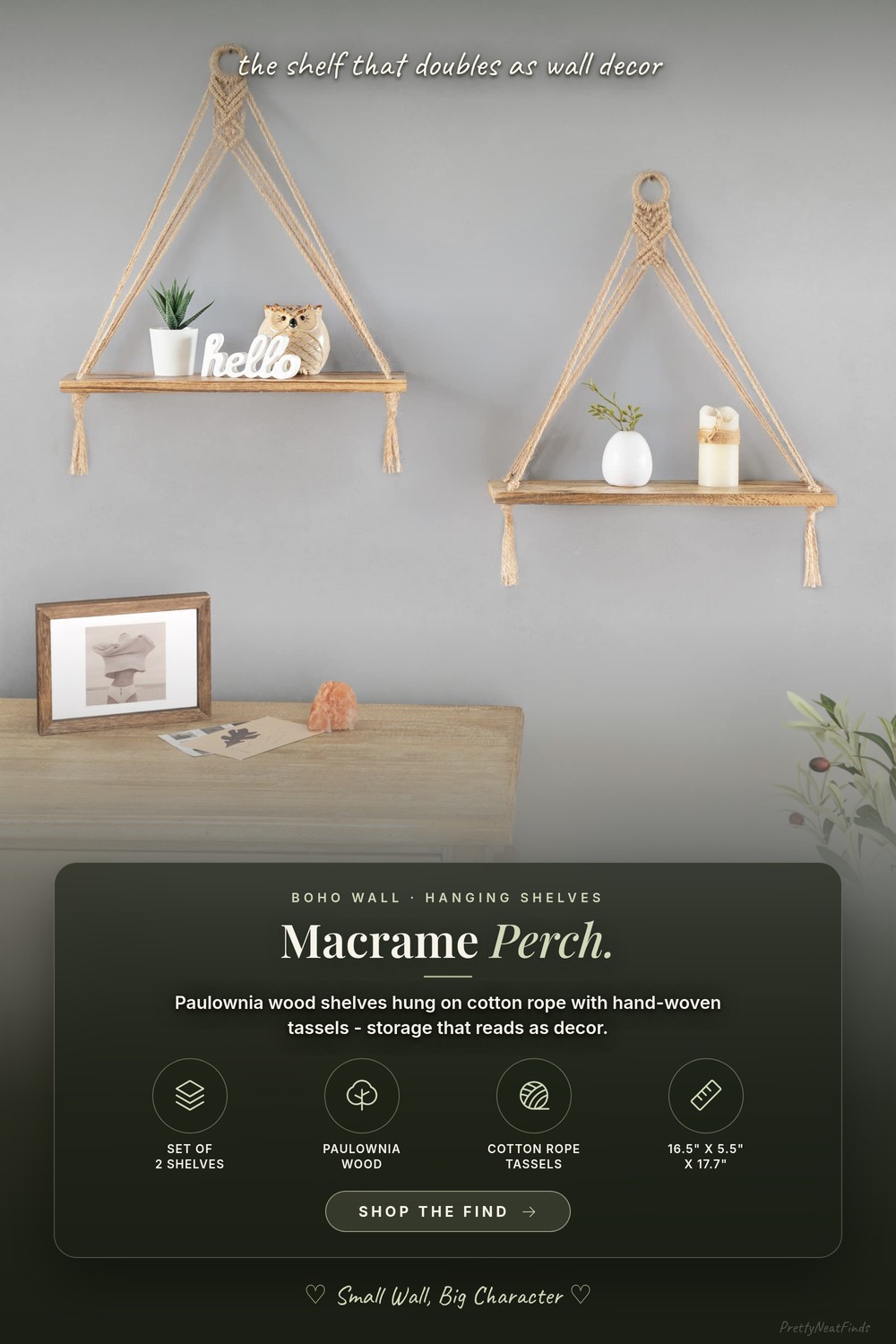 Mkono Macrame Hanging Shelves Boho Wall Decor Set of 2 Floating Wood Shelf
