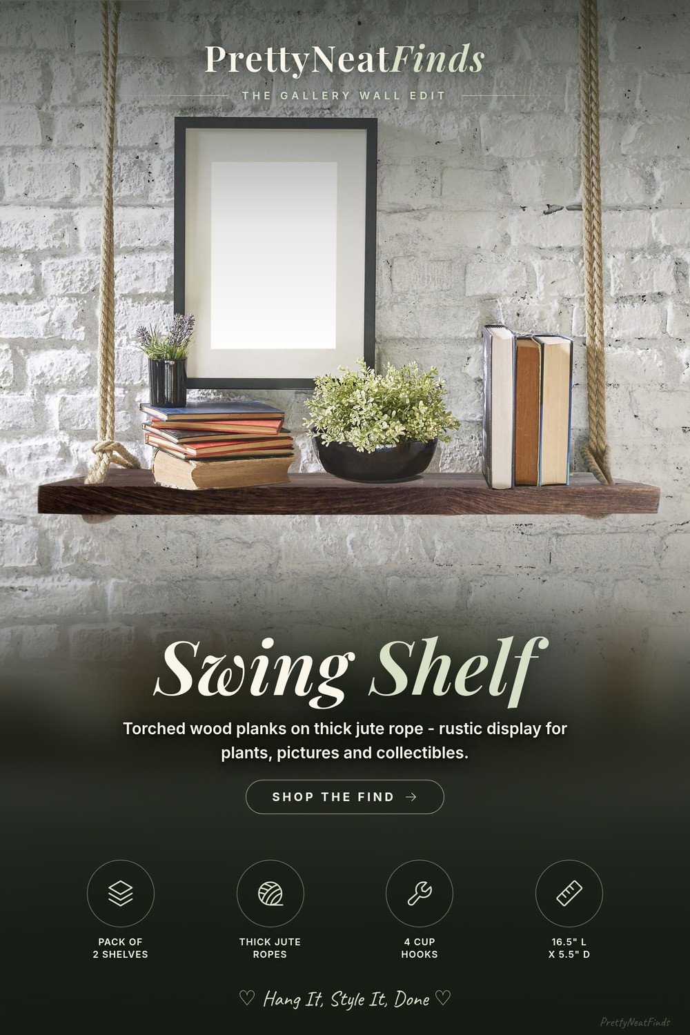 Rope Hanging Floating Shelves, Rustic Wood Wall Decor Swing Shelf with 4 Hooks, Pack of 2