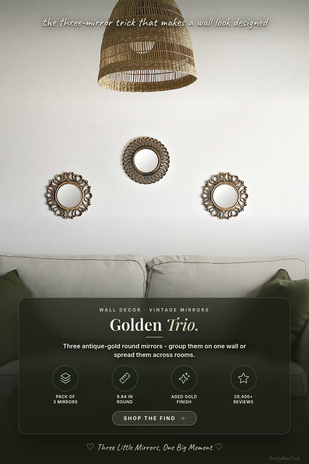 BONNYCO Wall Mirrors Pack of 3, Round Gold Mirrors for Home Decor