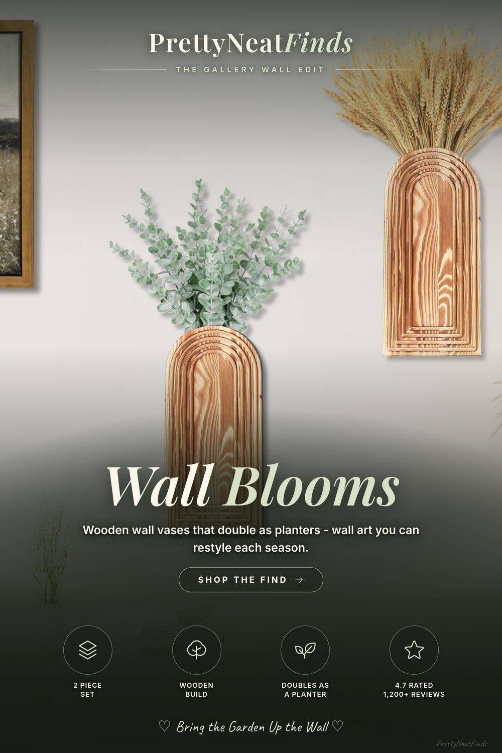 Dnnnii 2 Pack Wooden Wall Vase Set, Brown Finish, Modern Farmhouse & Boho Wall Decor