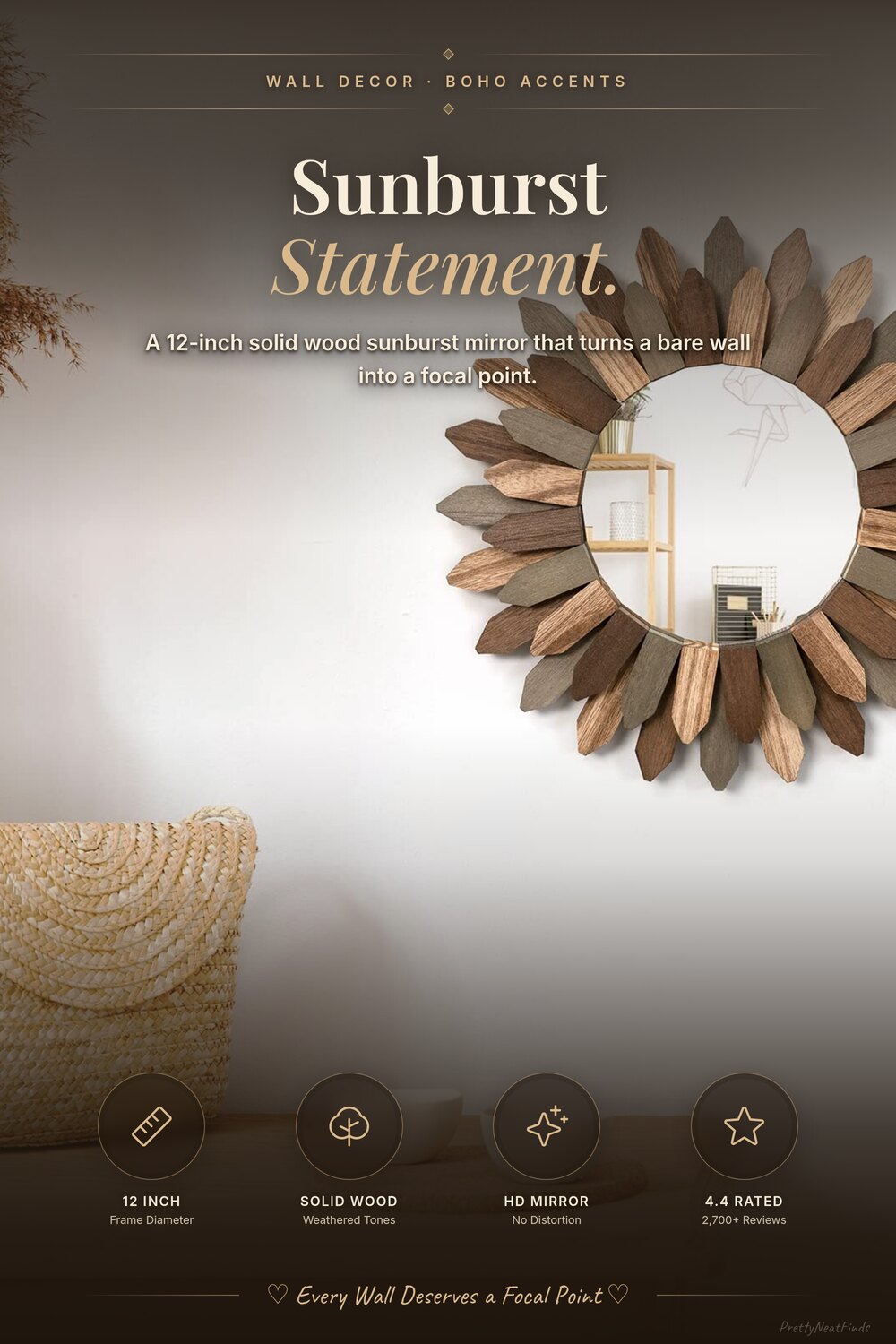 Honiway Boho Wall Decor 12 inch Decorative Mirror with Rustic Wood Sunburst Frame