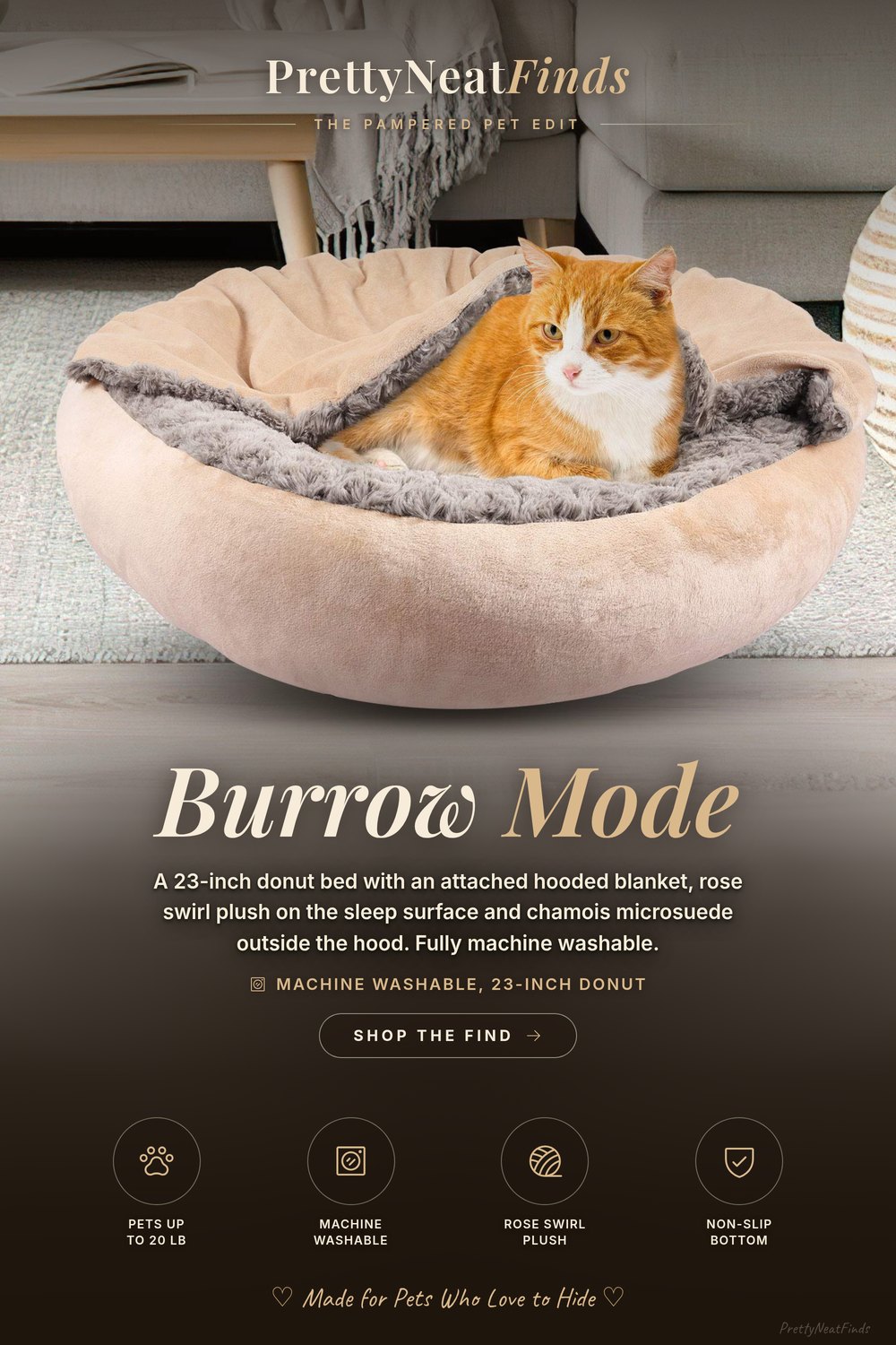GASUR Hooded Donut Bed for Dogs and Cats, 23 Inch, Beige Brown
