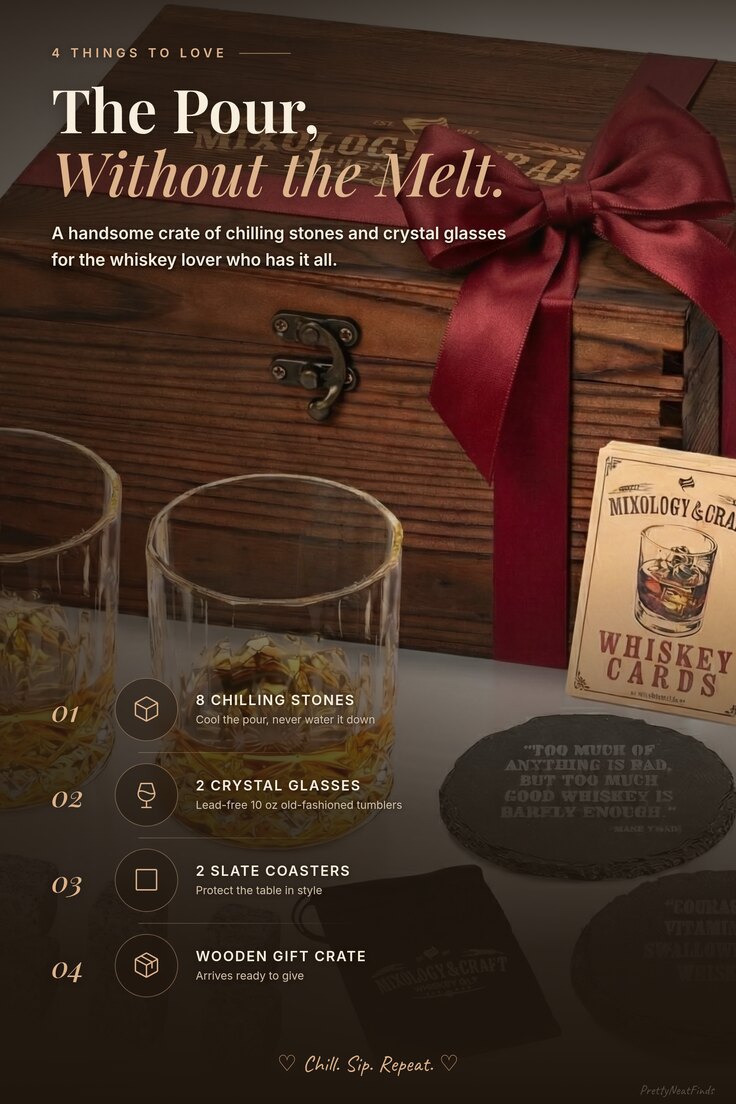 Mixology & Craft Whiskey Stones Gift Set with 2 Crystal Glasses
