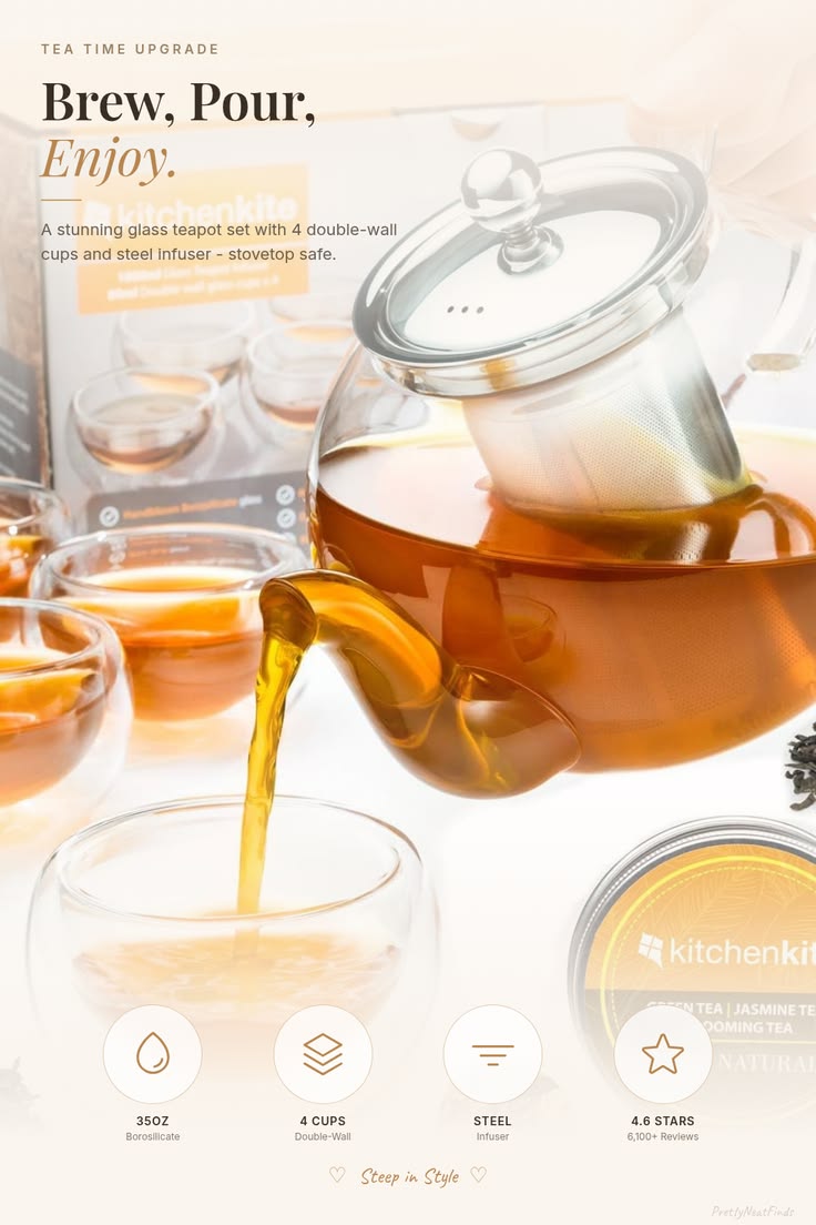Glass Teapot Set with 4 Double-Wall Cups
