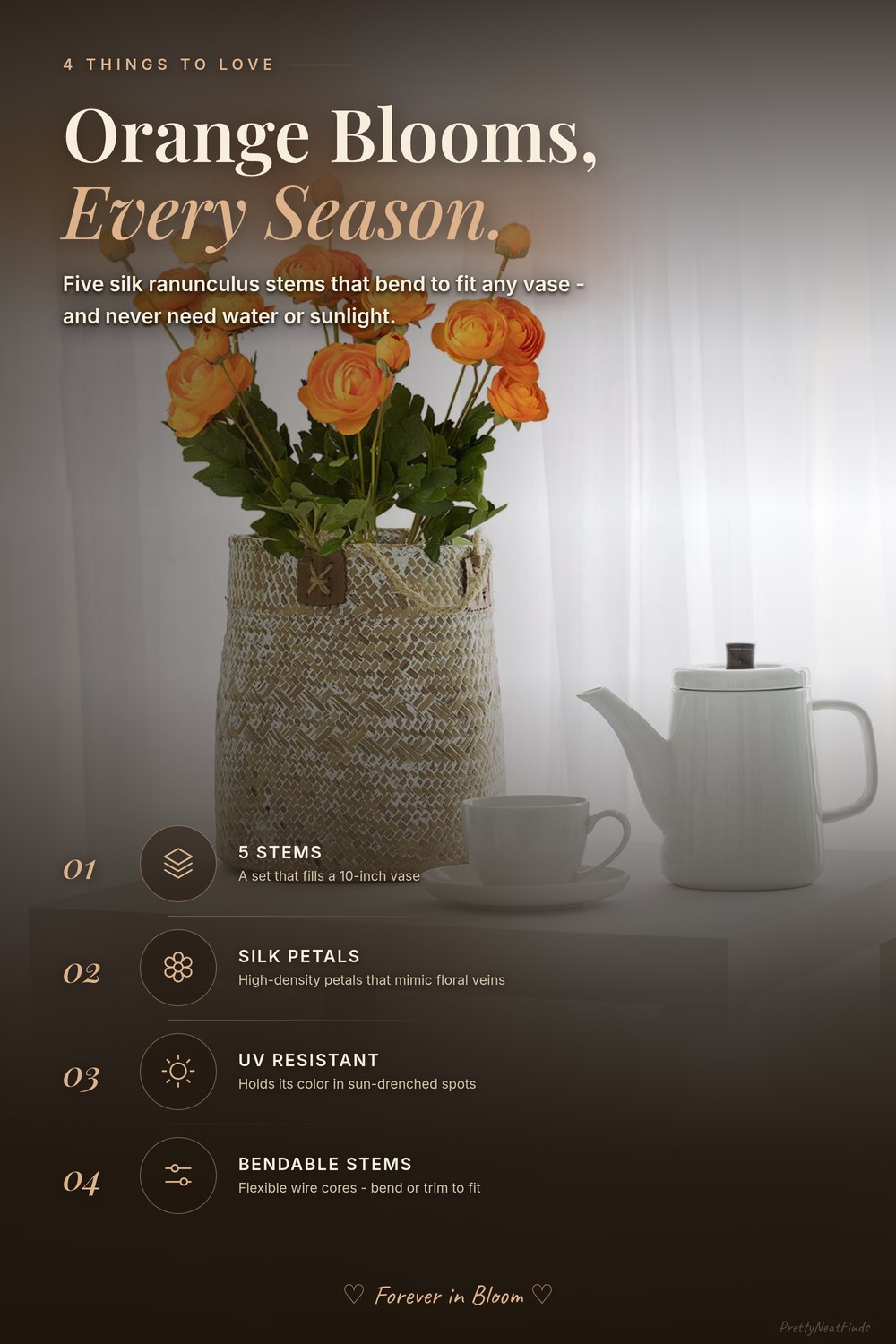 GLSATEMAN 5 Stems Artificial Silk Ranunculus, Orange, Bendable Stems