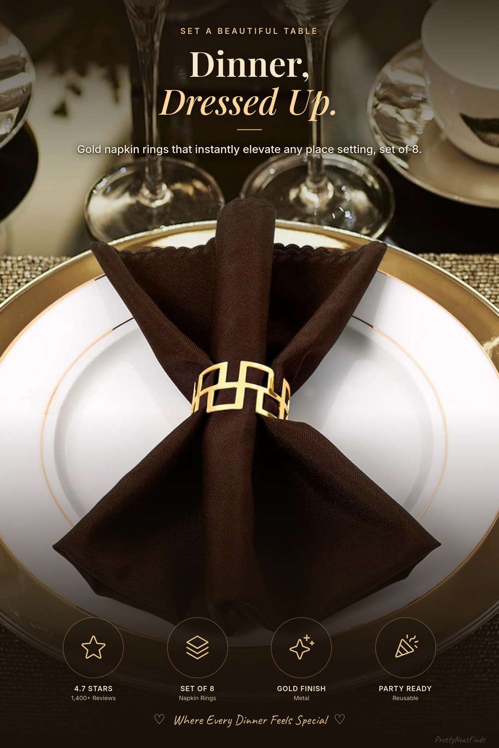 Gold Napkin Rings, Round Metal Napkin Holders (Set of 8)