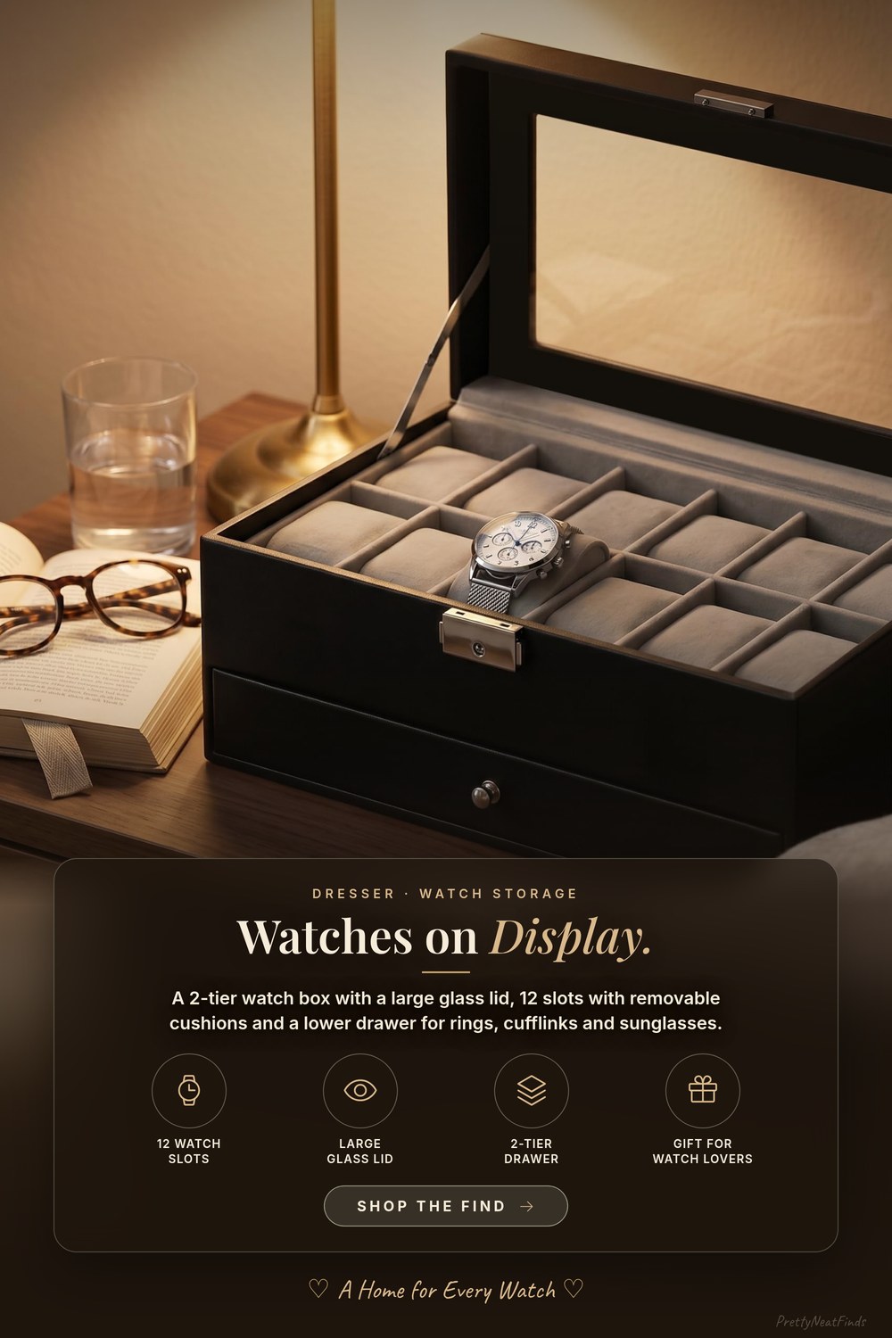 GUKA 12-Slot Watch Box with Glass Lid, 2-Tier, Black