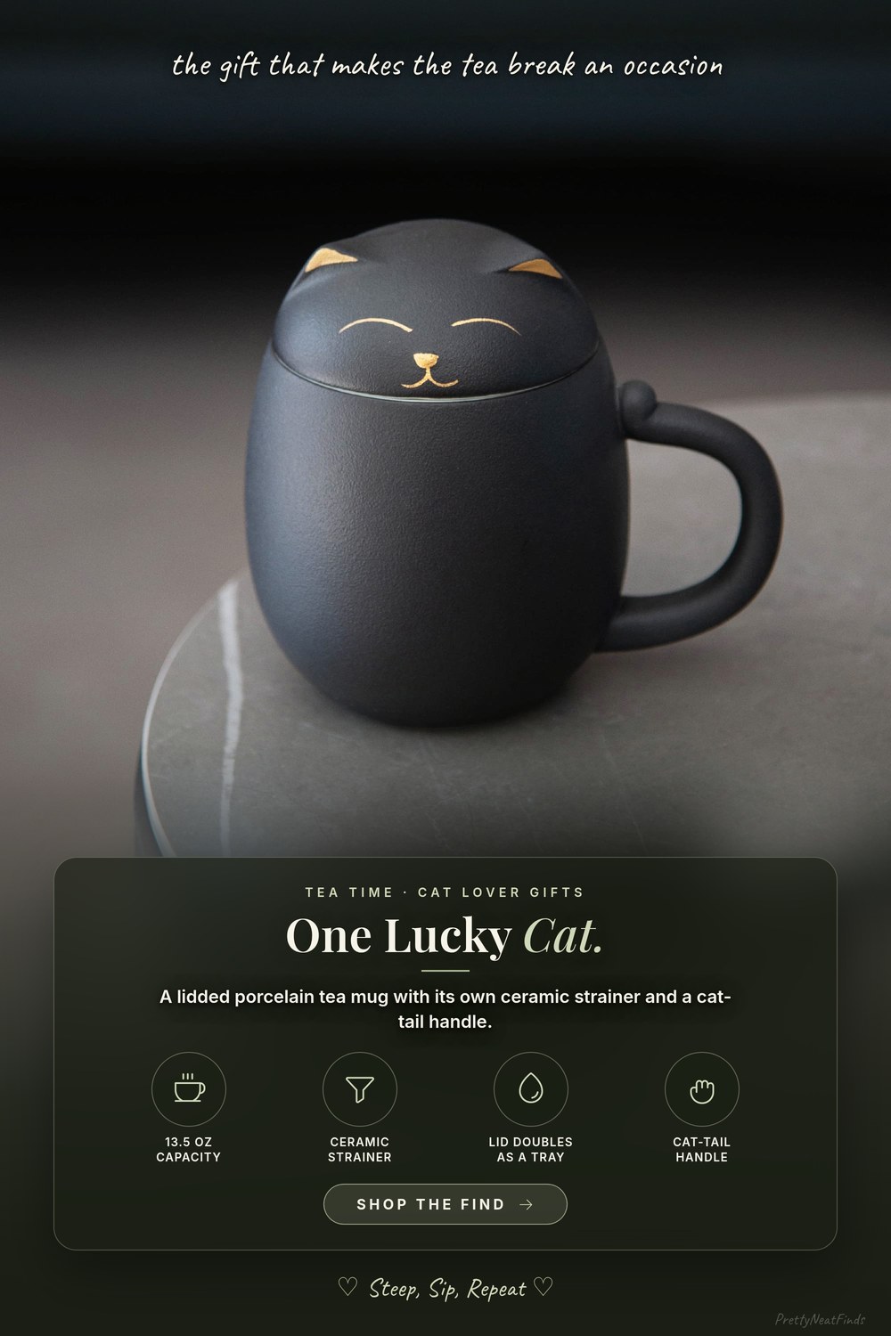 HEER Black Cat Ceramic Tea Mug 13.5oz with Infuser and Lid, Black