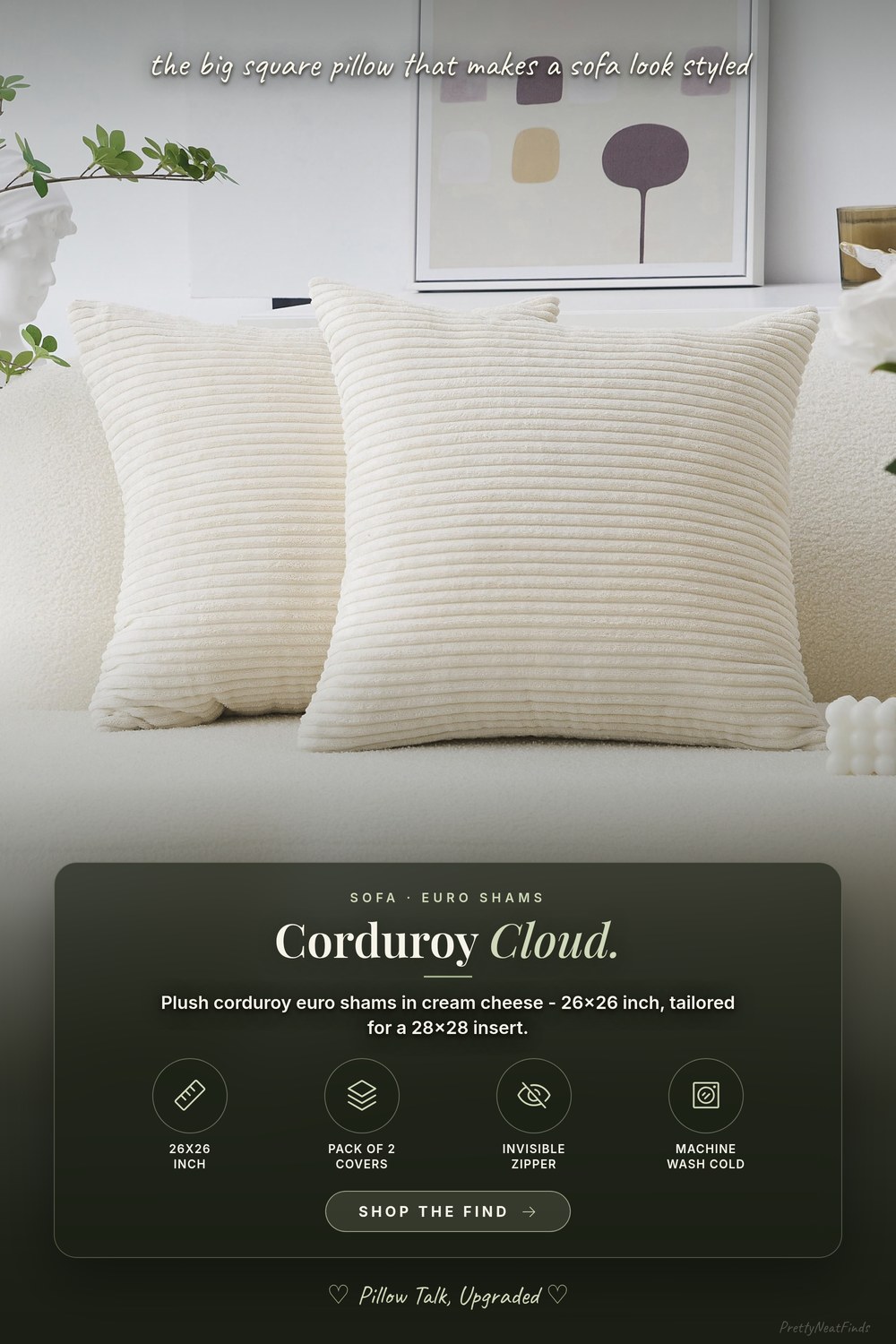 Home Brilliant 2 Pack Plush Corduroy Euro Pillow Shams 26x26, Cream Cheese