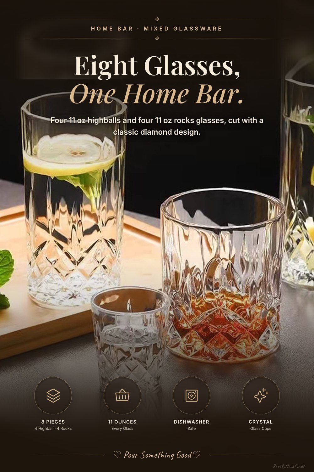 Qipecedm Drinking Glasses, 8 Piece Crystal Glass Cups, Mixed Glassware Set
