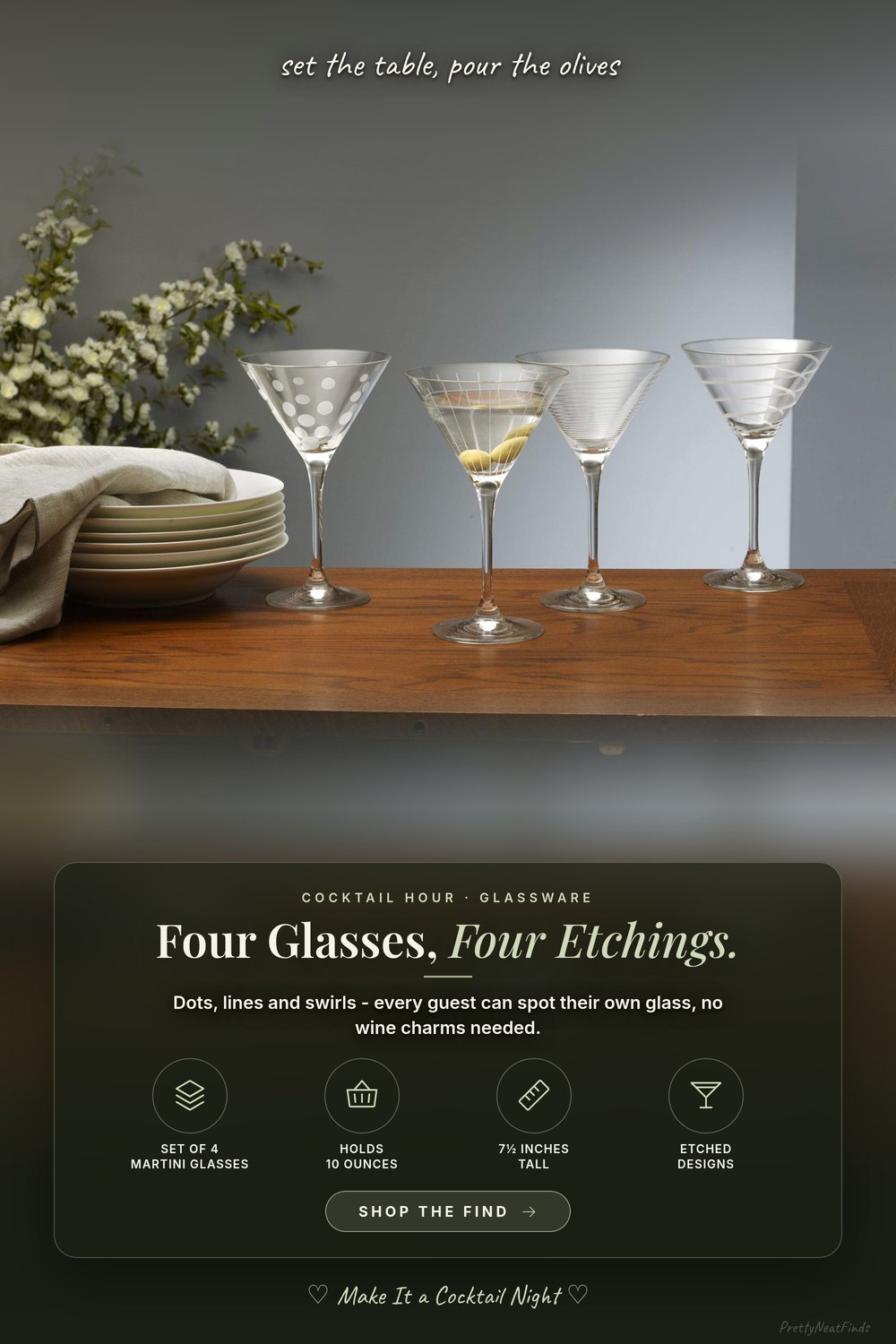 Mikasa Cheers 10-Ounce Martini Glasses, Etched Designs, Set of 4