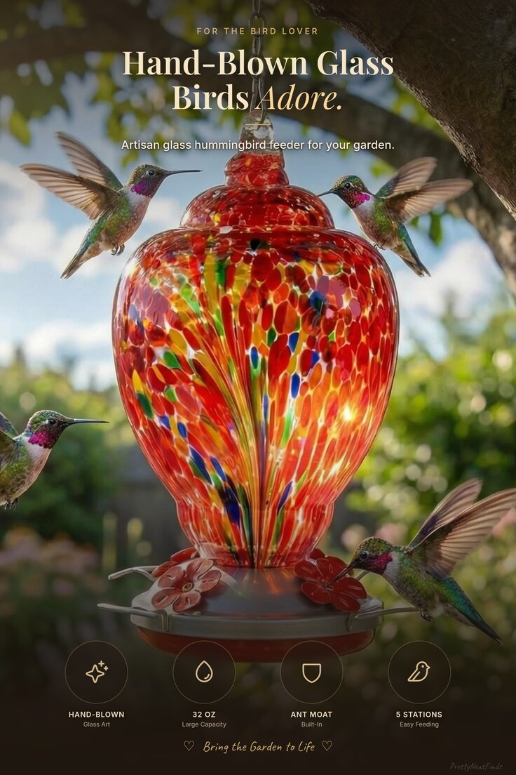 WOSIBO Hand-Blown Glass Hummingbird Feeder (32 oz)