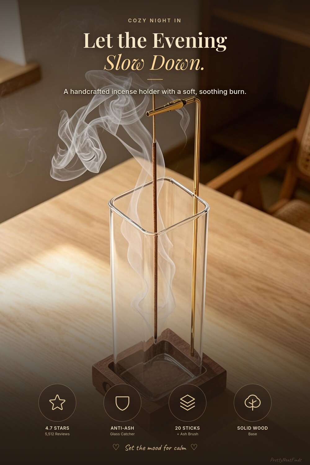 Ceremony Wooden Incense Holder with Glass Ash Catcher (20 Incense Sticks + Ash Brush)