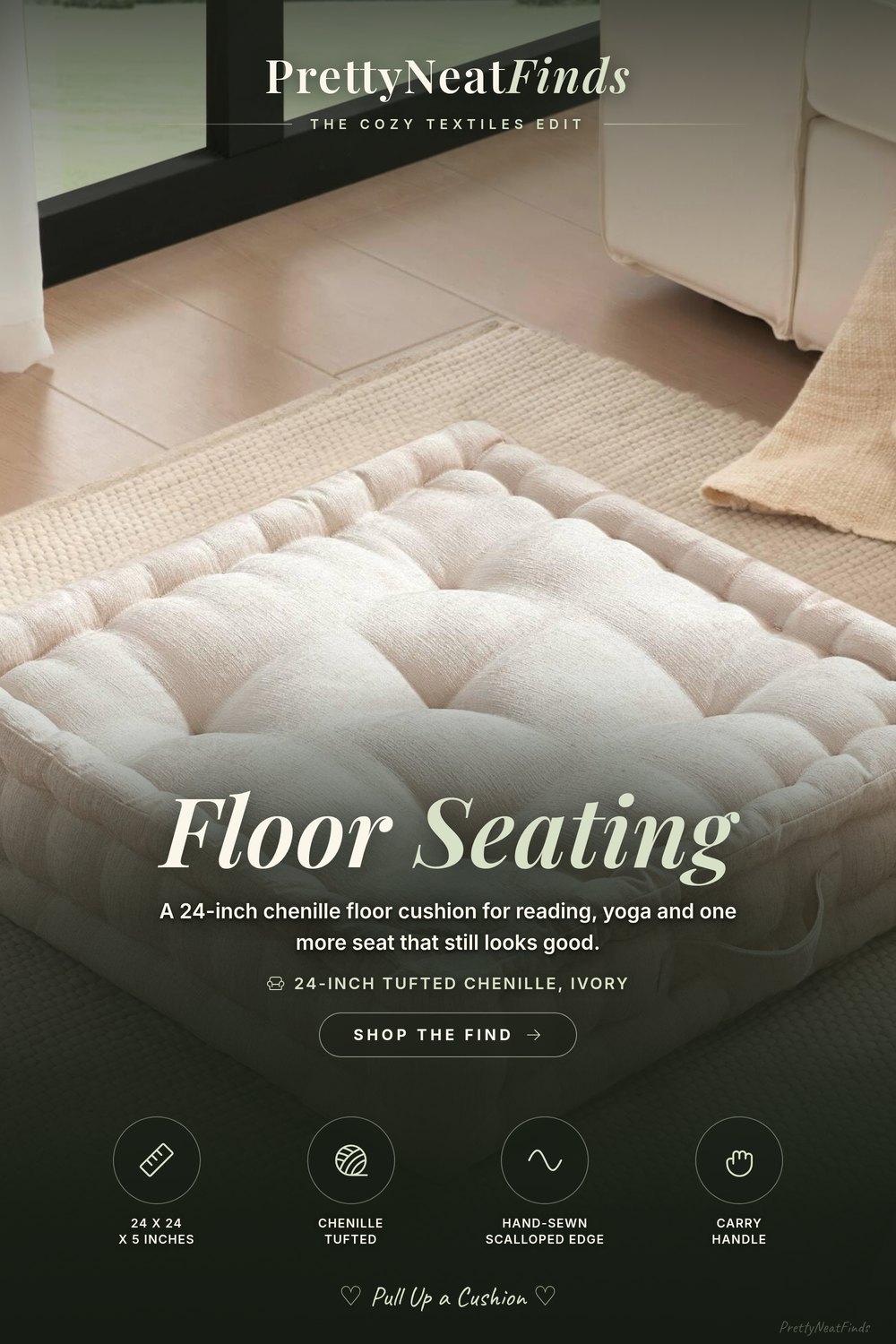 Intelligent Design Azza Chenille Tufted Floor Pillow, 24x24 Ivory