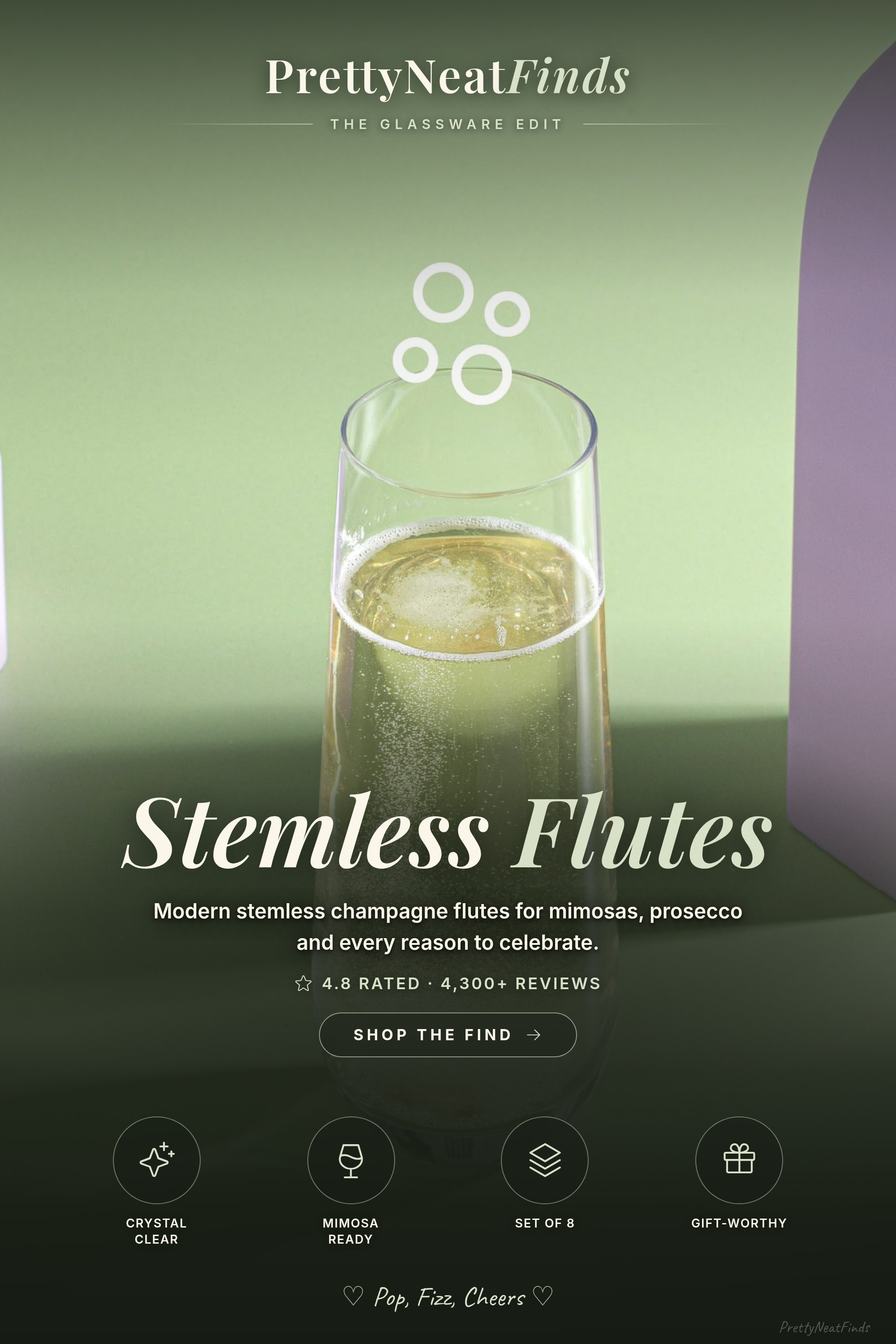 JoyJolt Milo Stemless Champagne Flutes, 9.5oz Crystal, Set of 8