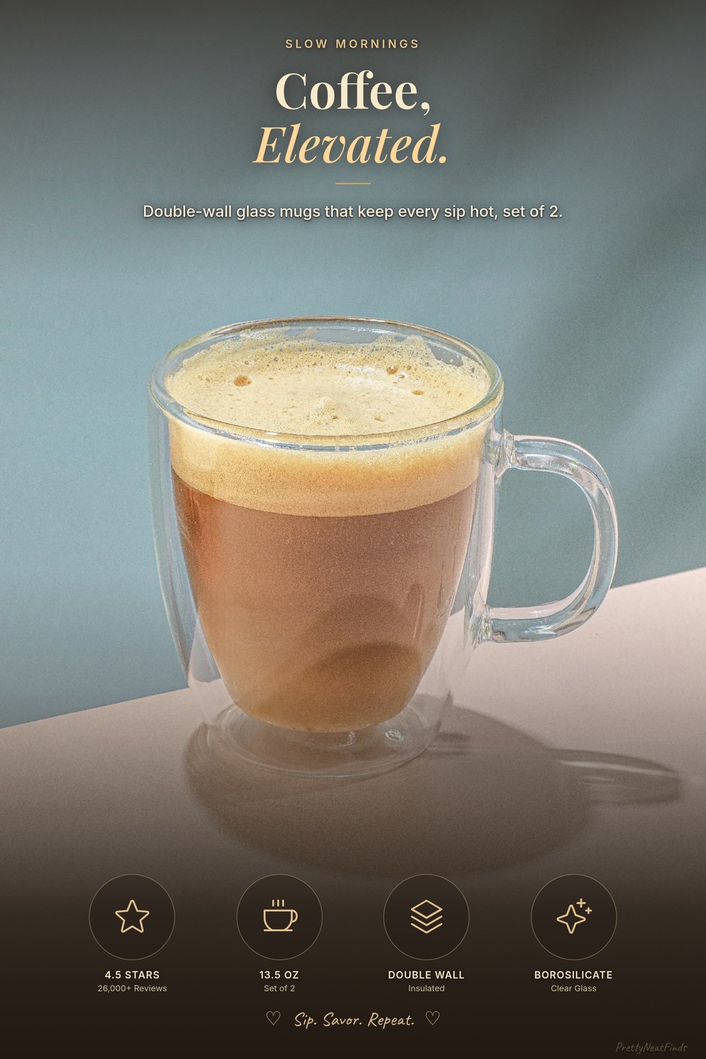 JoyJolt Savor Double-Wall Insulated Glass Coffee Mugs (Set of 2, 13.5 oz)