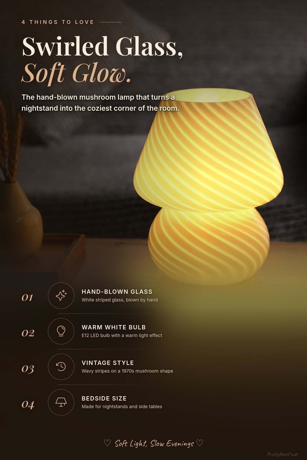 BSOD Hand-Blown Glass Mushroom Lamp, Striped Swirl, Stripe White