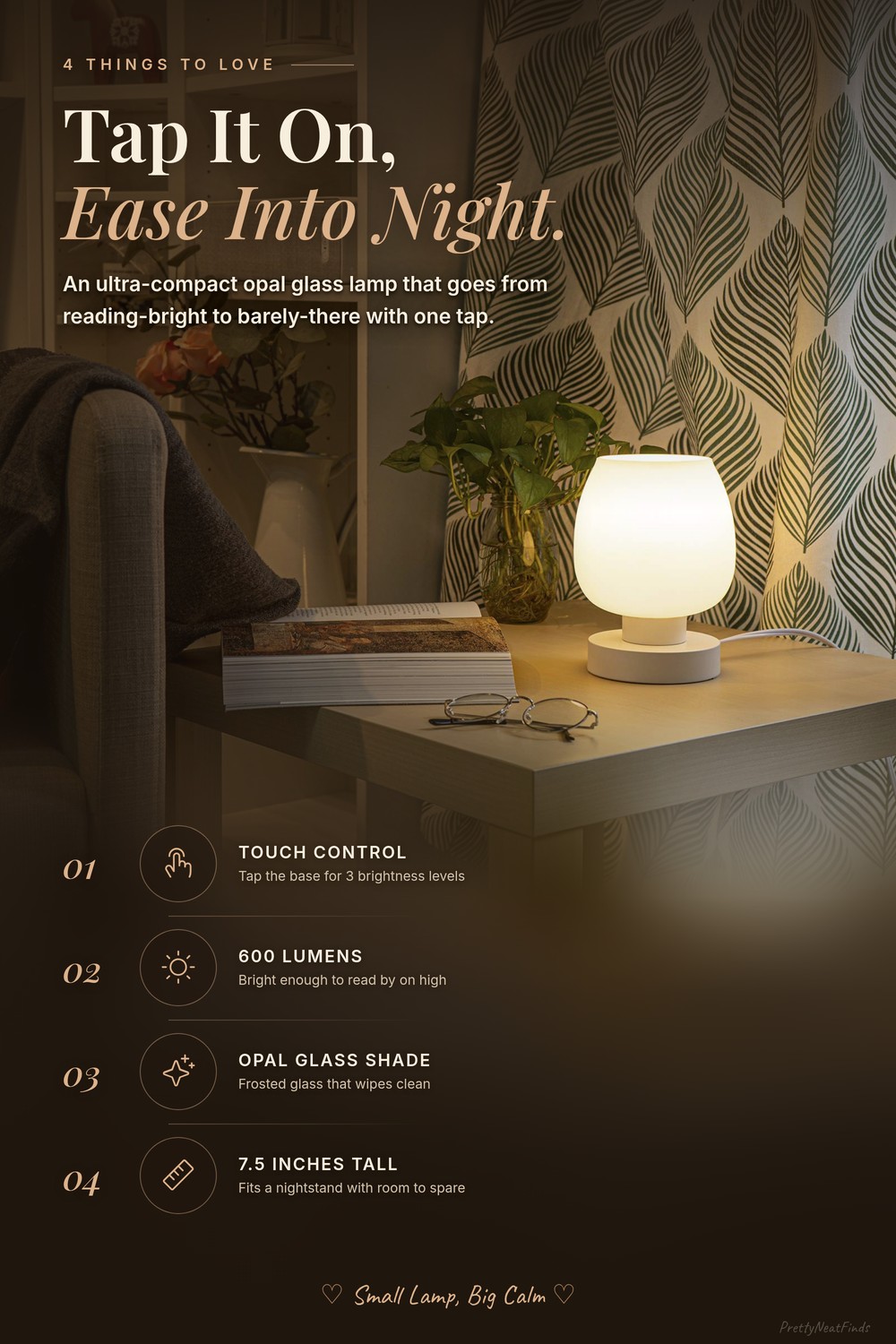 ONEWISH Opal Glass Touch Lamp, 3-Way Dimmable, 600 Lumen, 7.5 inch