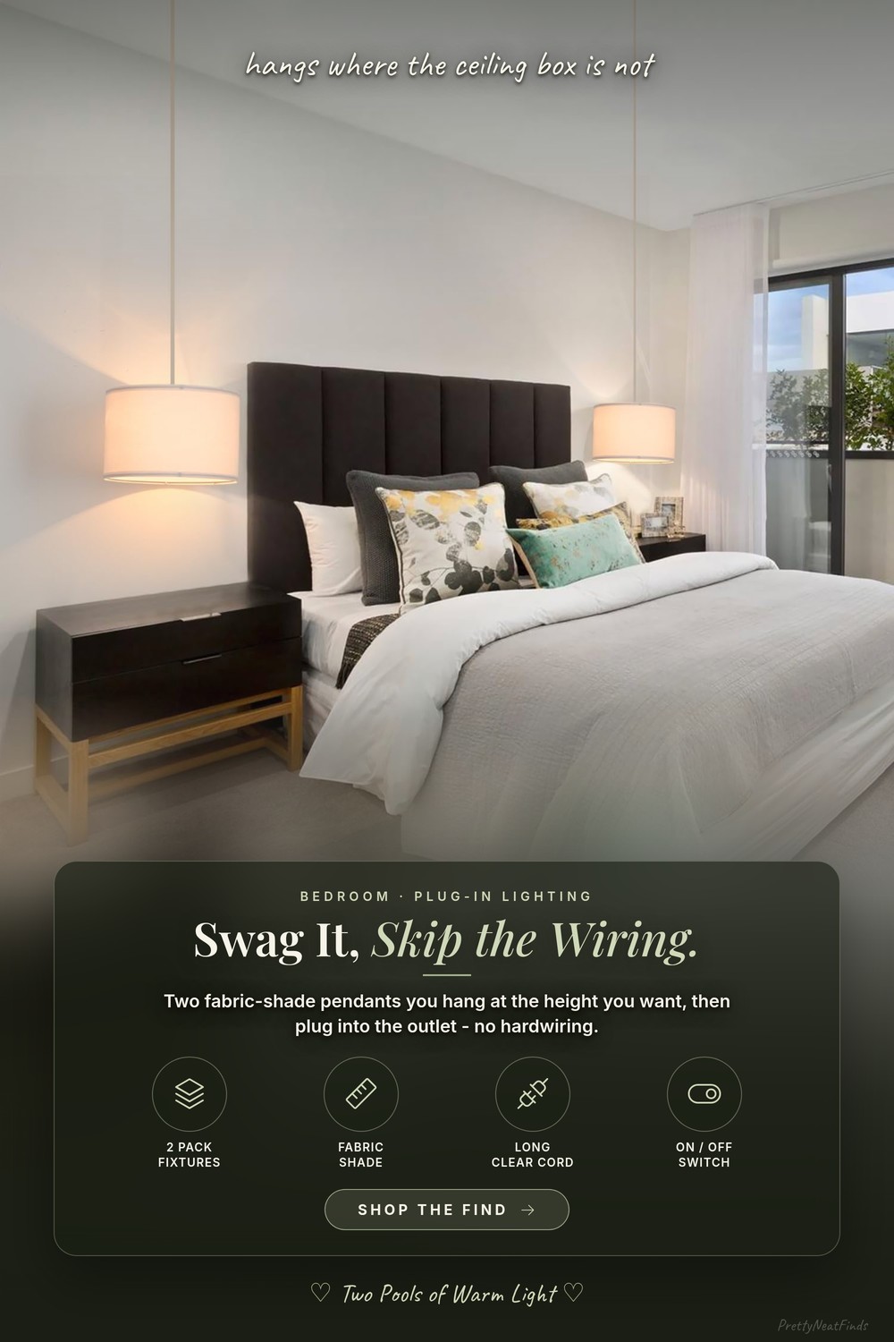Plug-In Swag Pendant Lights, 2 Pack, Fabric Drum Shades with Clear Cord