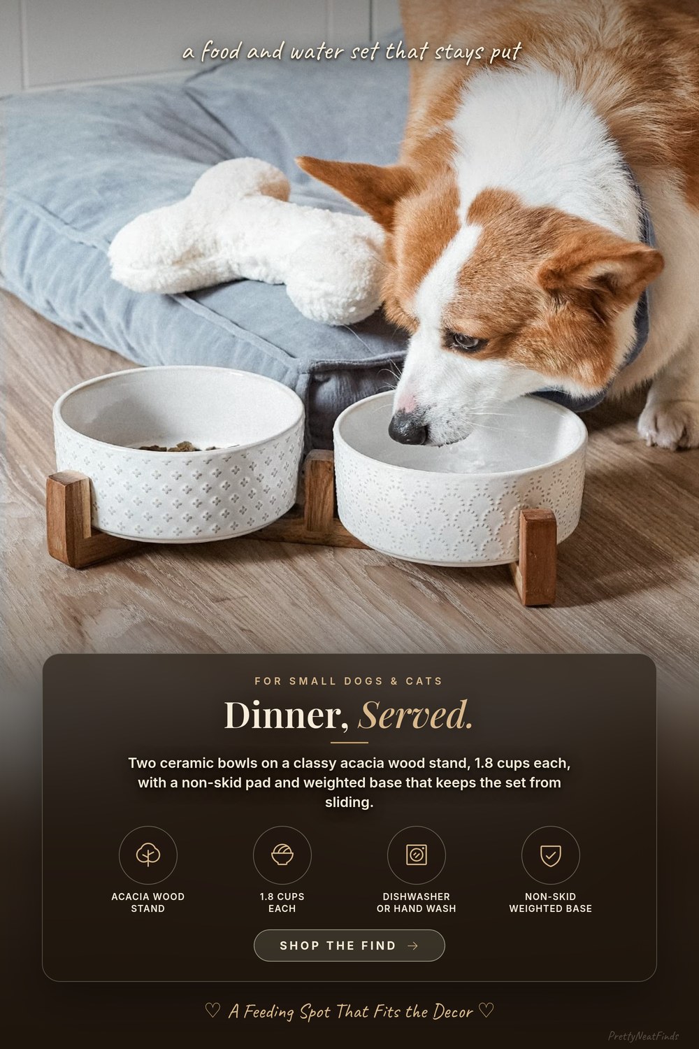 LE TAUCI Ceramic Pet Bowl Set with Acacia Wood Stand, 1.8 Cup