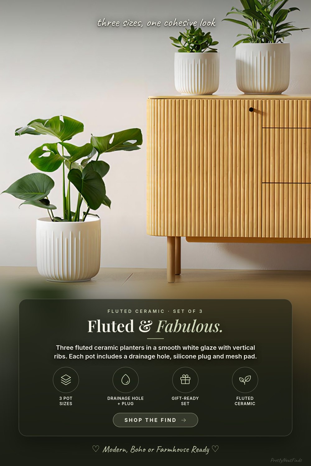 LE TAUCI Fluted Ceramic Planters, Set of 3, White