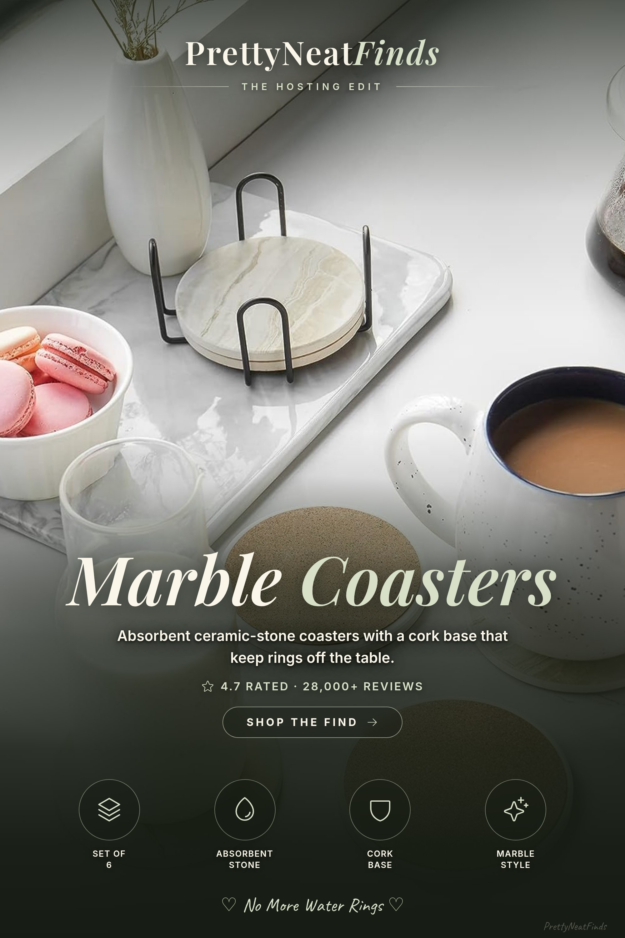 LIFVER Marble-Style Ceramic Stone Absorbent Coasters, Set of 6 (Cork Base)