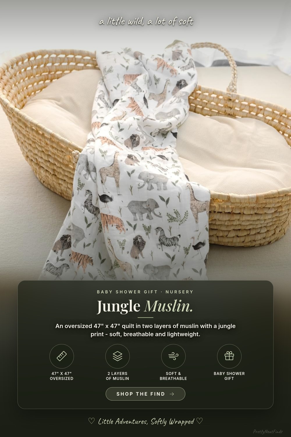 Little Jump Jungle Muslin Quilt, 2 Layers, Oversized 47 x 47 Inches