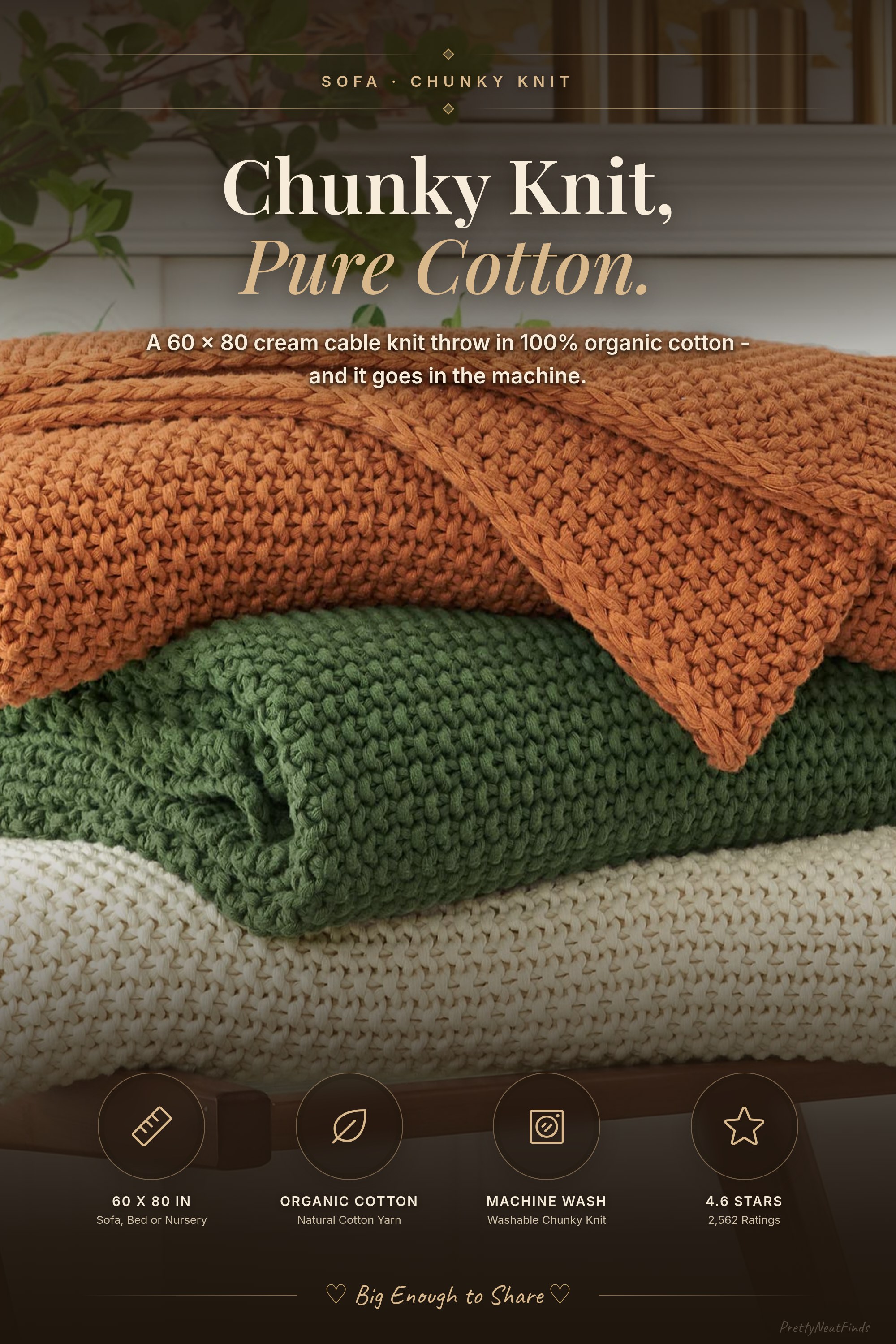 Longhui Chunky Cable Knit Throw Blanket, Cream, 100% Organic Cotton, 60x80