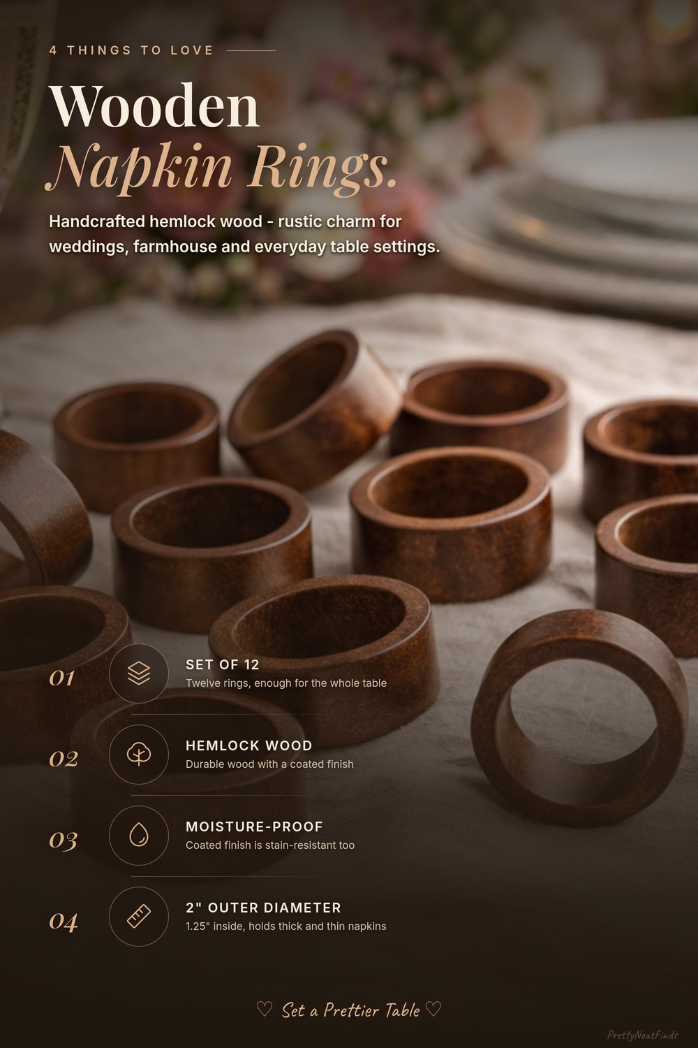 Wooden Napkin Rings, Set of 12, Rustic Handcrafted Hemlock