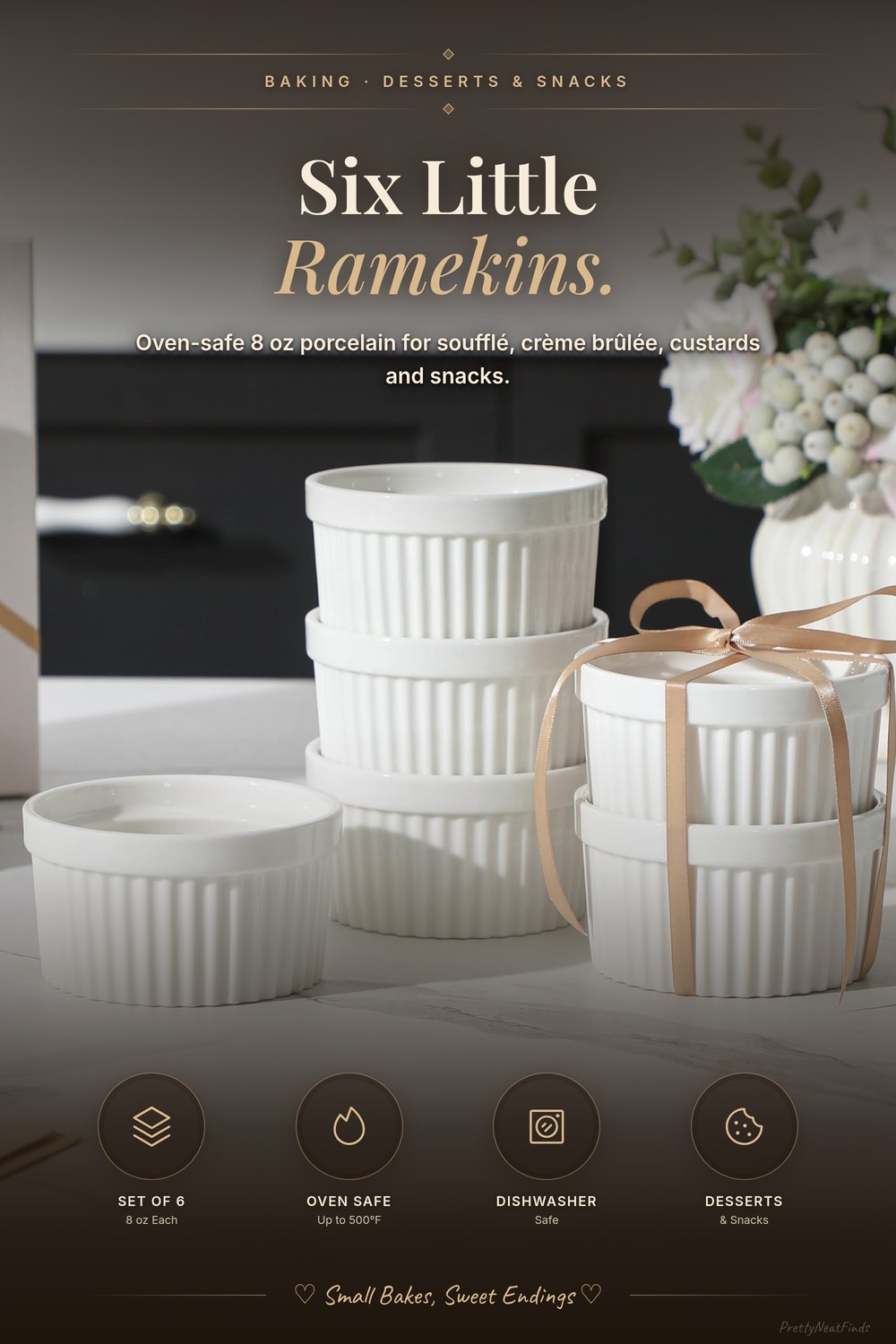 MALACASA 8 oz Porcelain Ramekins, Set of 6, White