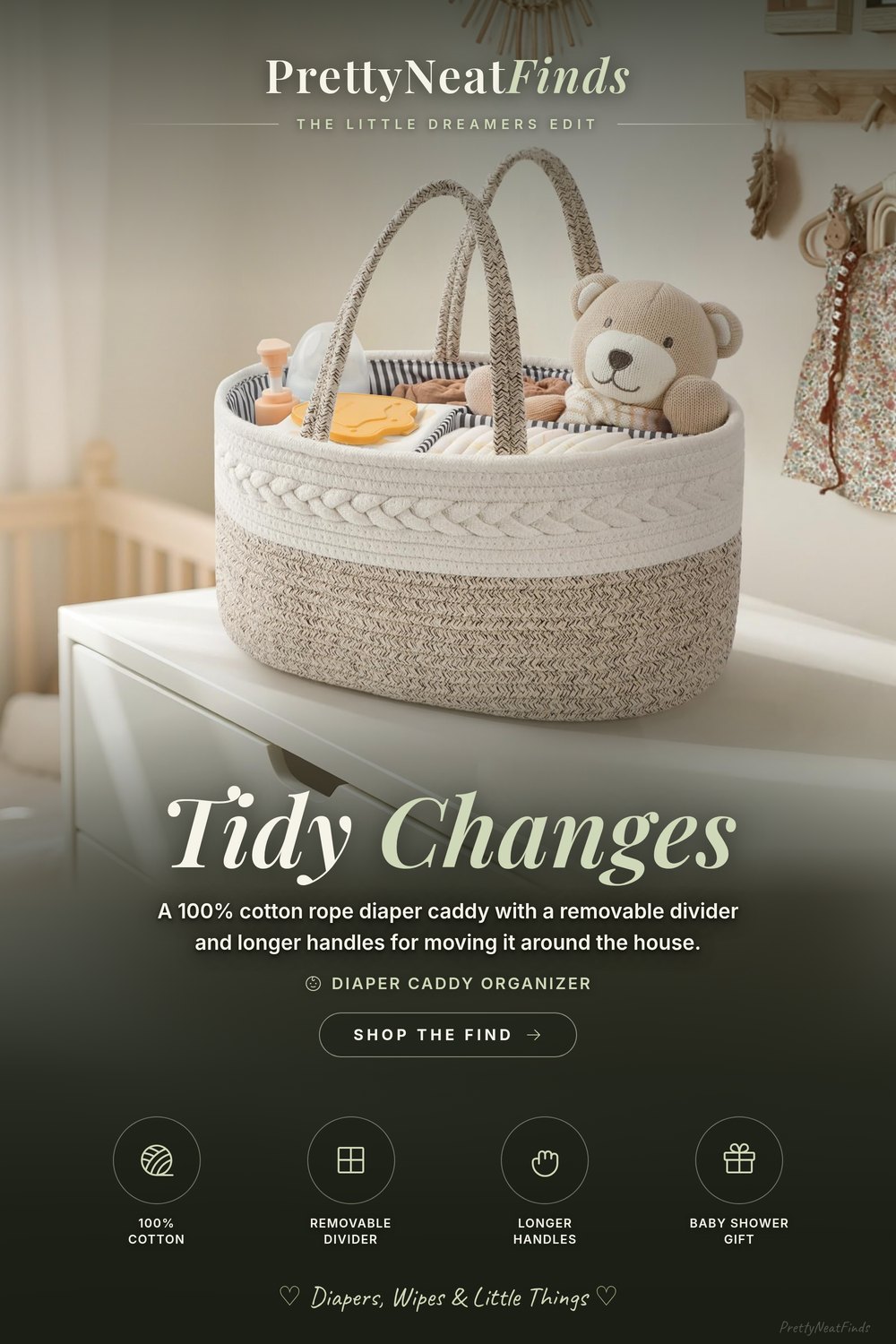 Maliton Cotton Rope Diaper Caddy with Removable Divider