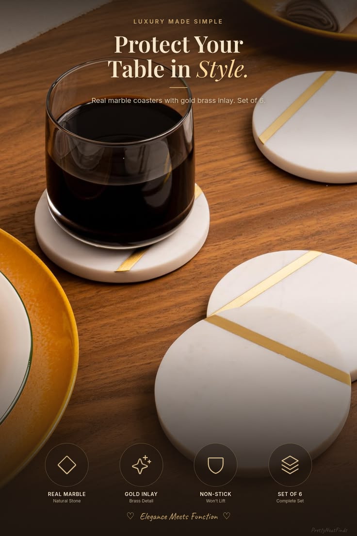 Marble Coasters with Gold Inlay (Set of 6)