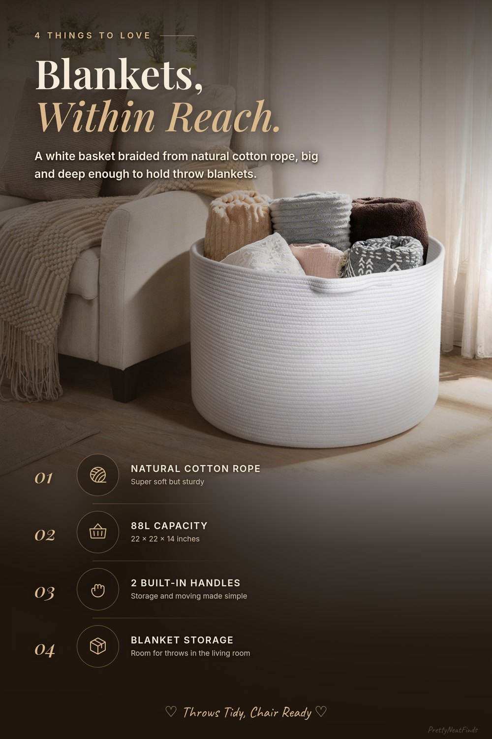 MEGASKET White Cotton Rope Blanket Basket, 22 x 22 x 14