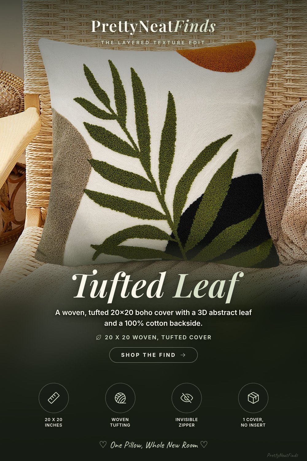 Merrycolor Boho Tufted Pillow Cover 20x20, Abstract Leaf, 1 Piece