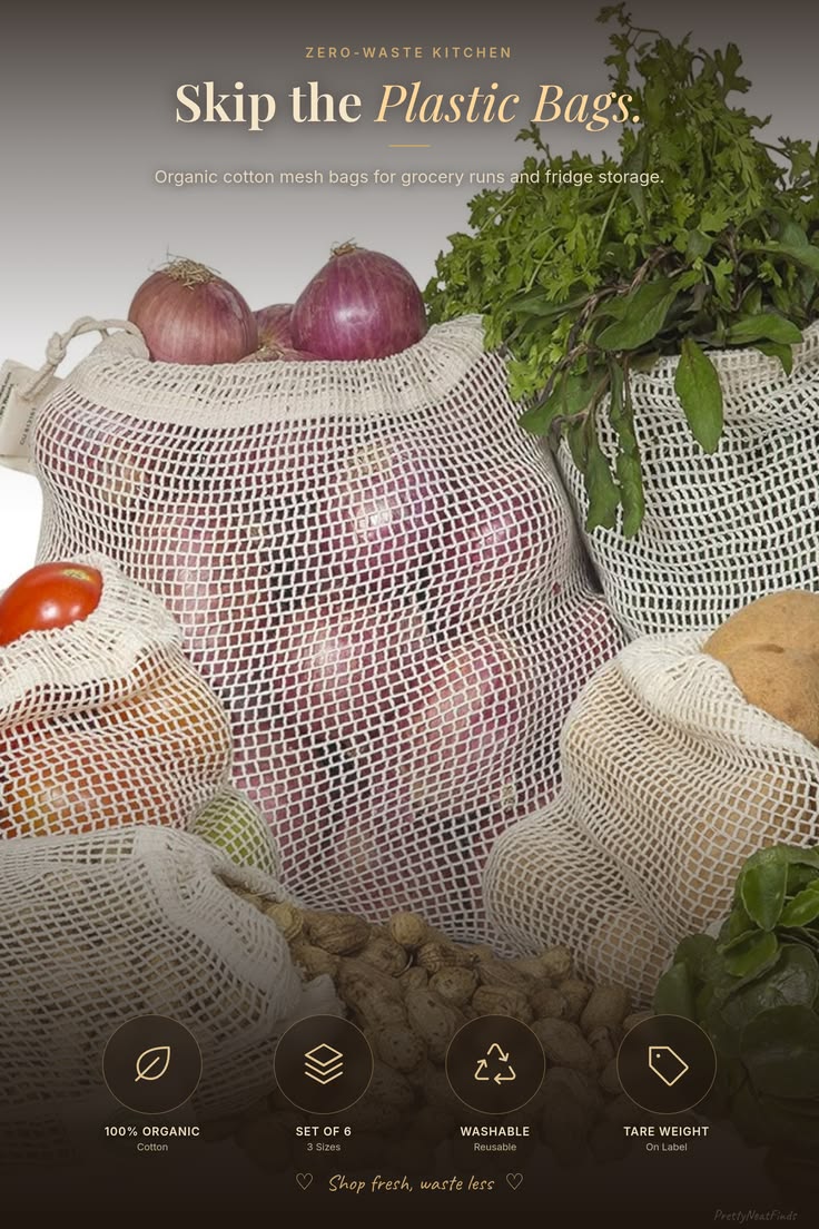 Reusable Organic Cotton Mesh Produce Bags (Set of 6)