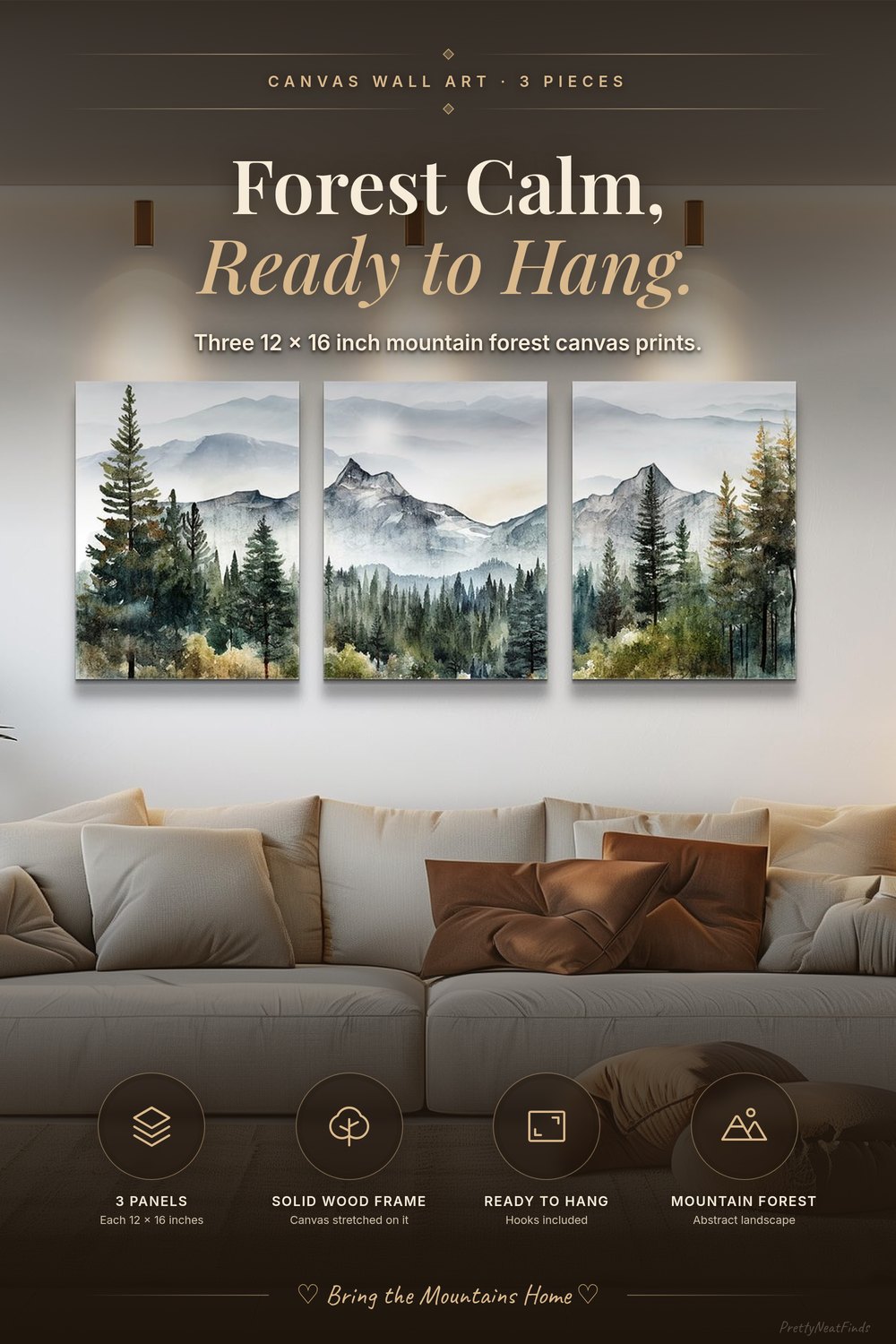 MHARTK66 Mountain Forest Canvas Wall Art, 3 Pieces, 12 x 16 Inches Each