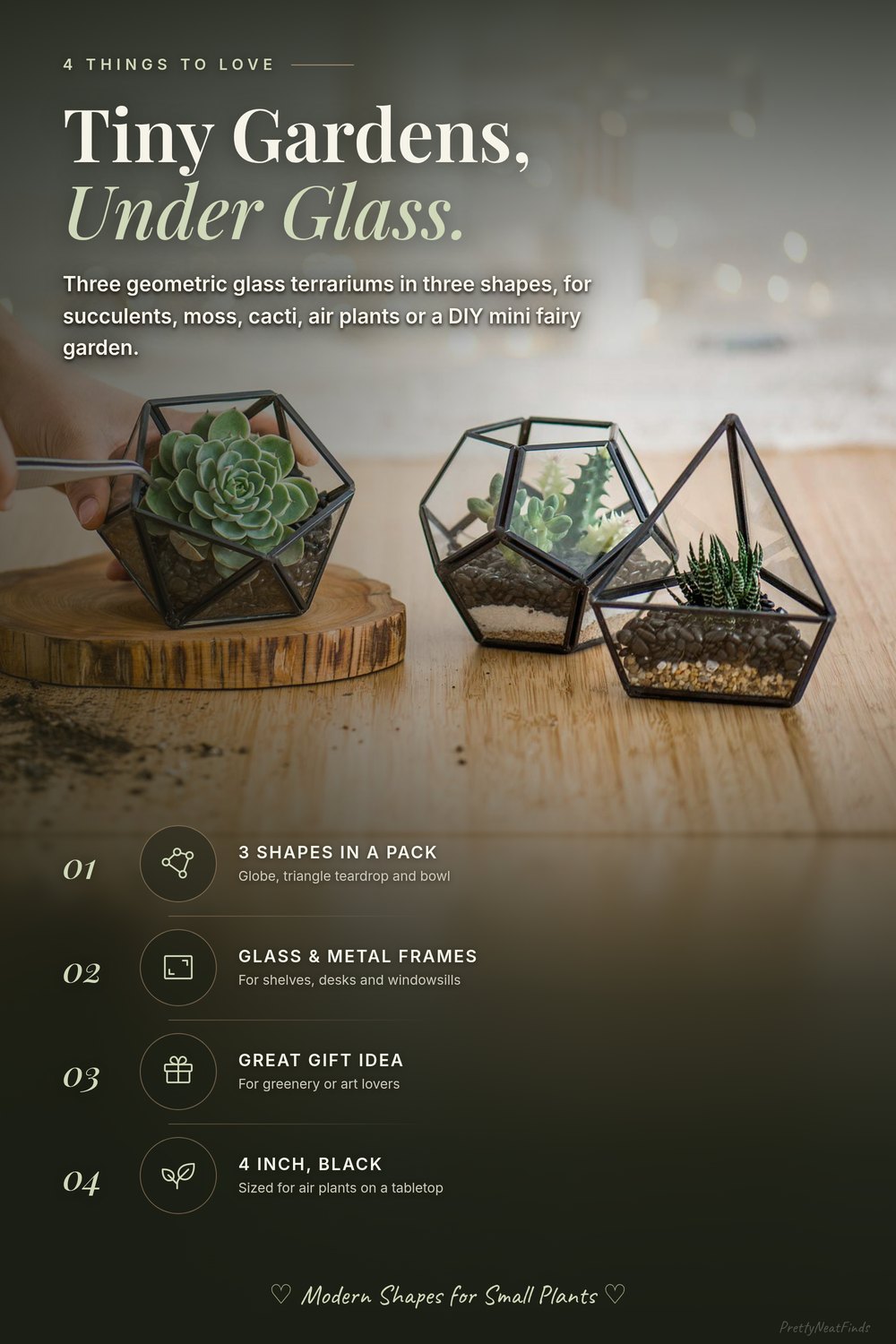 Mkono Geometric Glass Terrariums, 3 Pack, 4 Inch, Black
