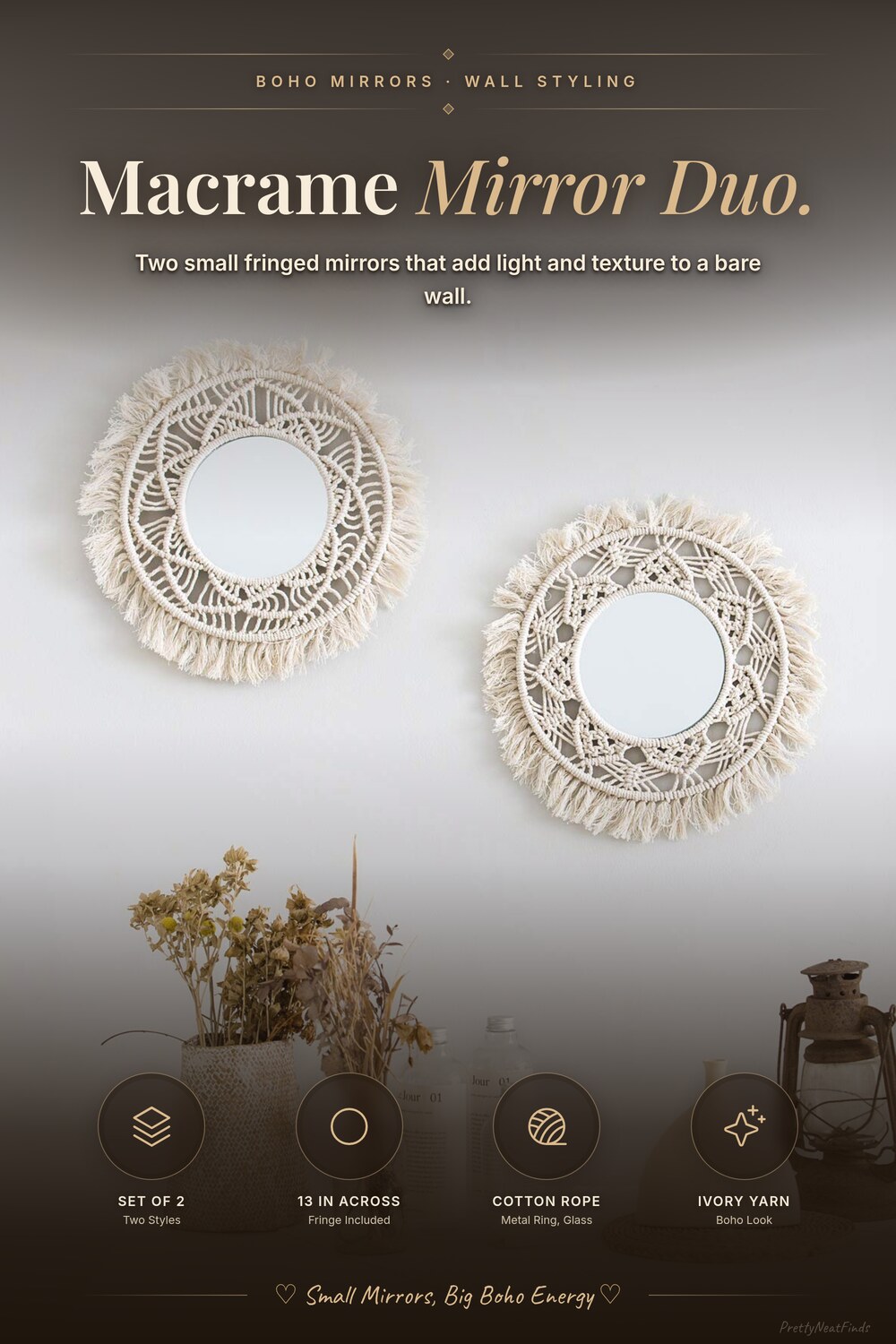 Mkono Hanging Wall Mirror with Macrame Fringe, Set of 2, Small Round Boho